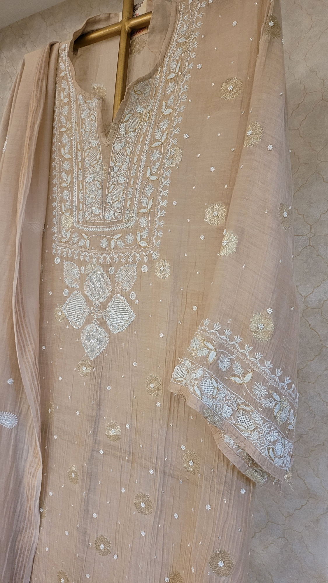 Peach Mul Chanderi Kurta Dupatta Set