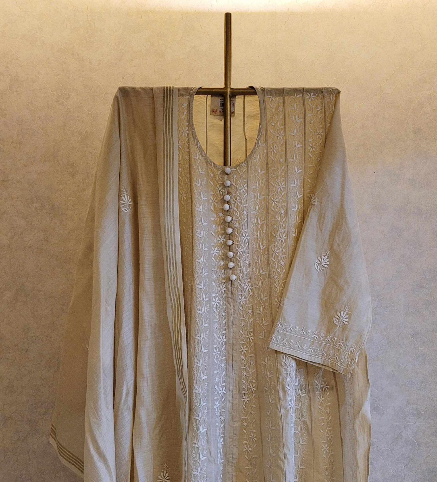 Beige Chanderi Tissue Kurta Dupatta Set