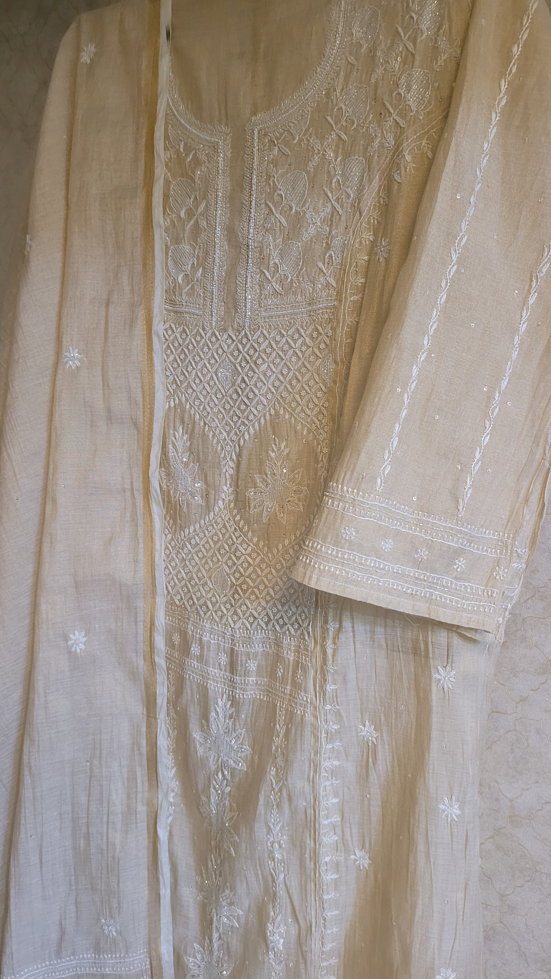 Beige Tissue Kurta Dupatta Set
