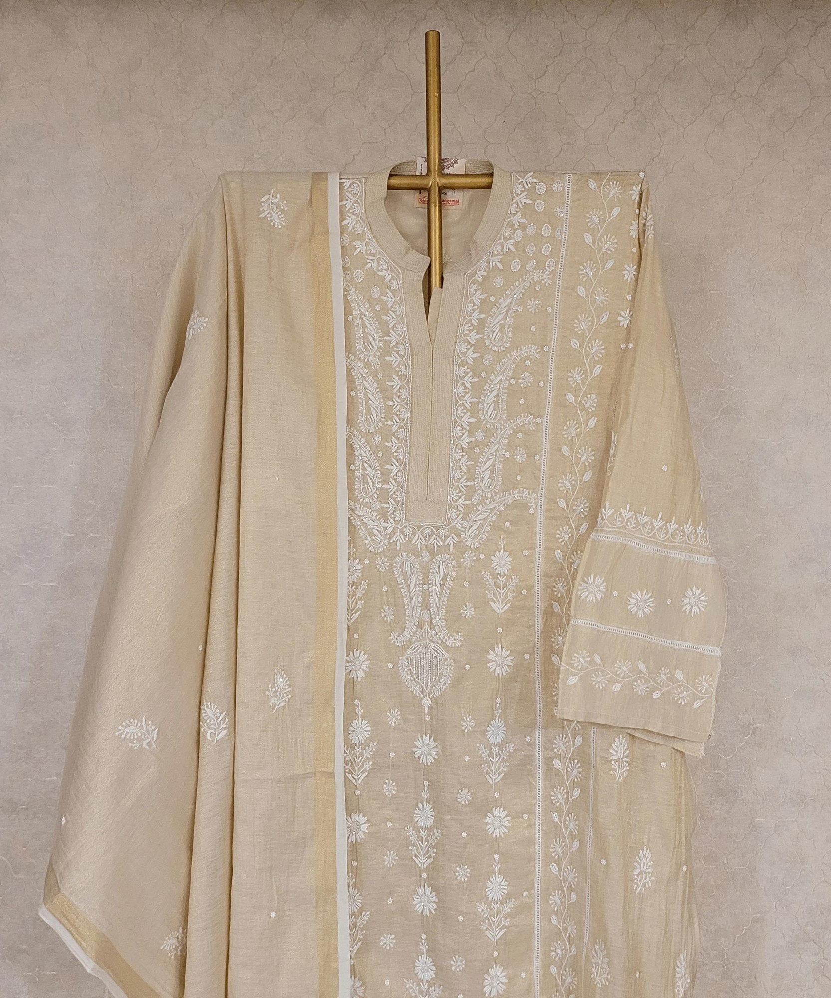 Beige Tissue Kurta Dupatta Set