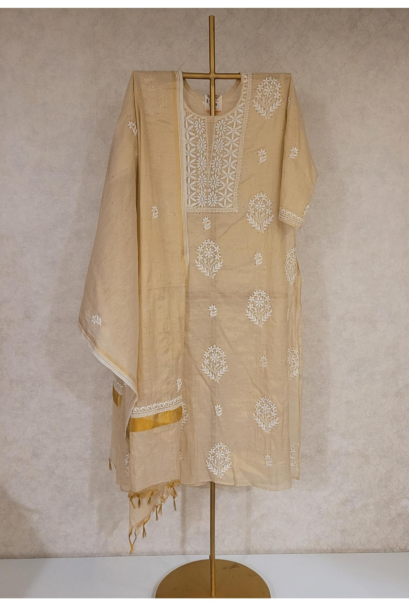 Beige Chanderi Tissue Kurta Dupatta Set