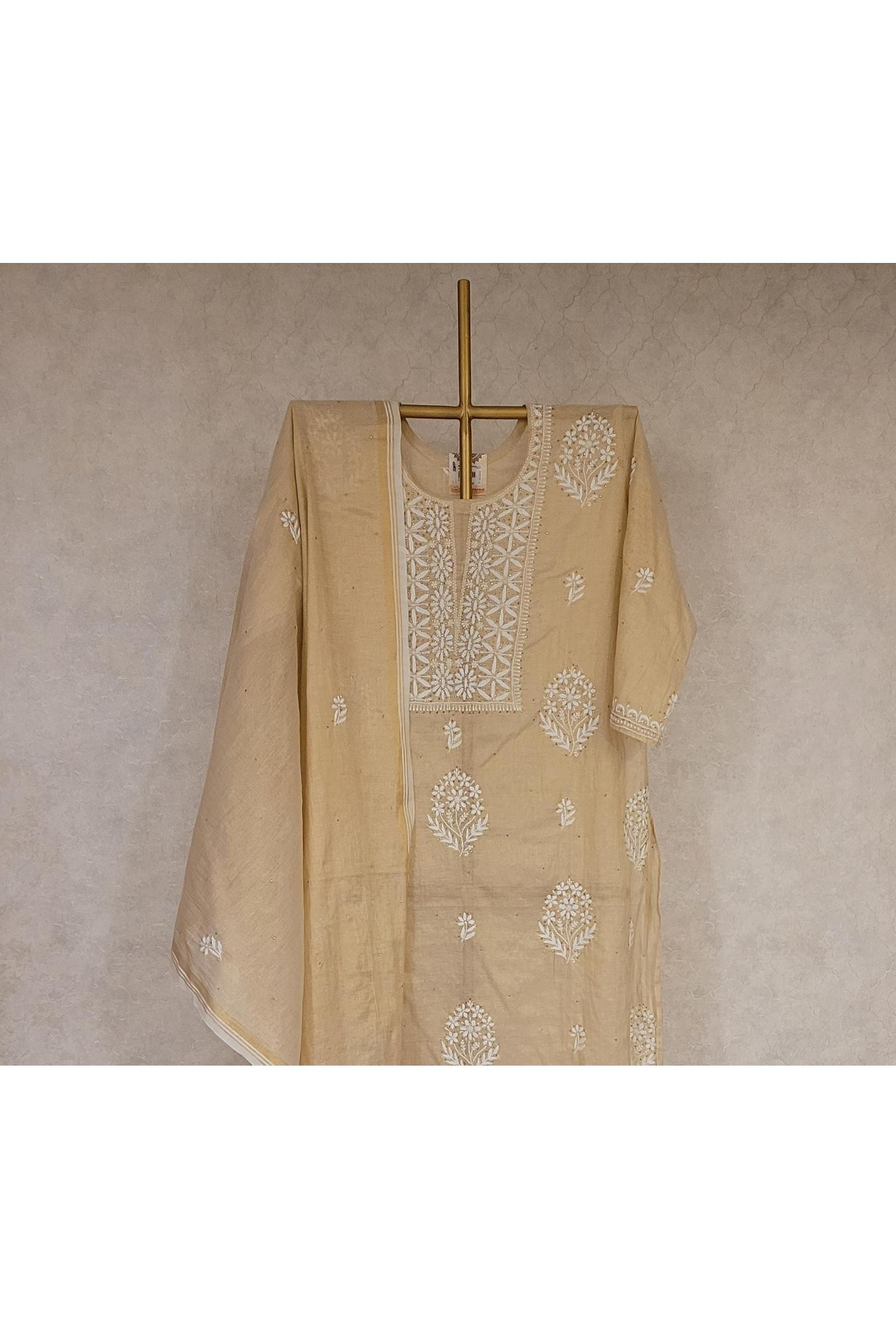 Beige Chanderi Tissue Kurta Dupatta Set