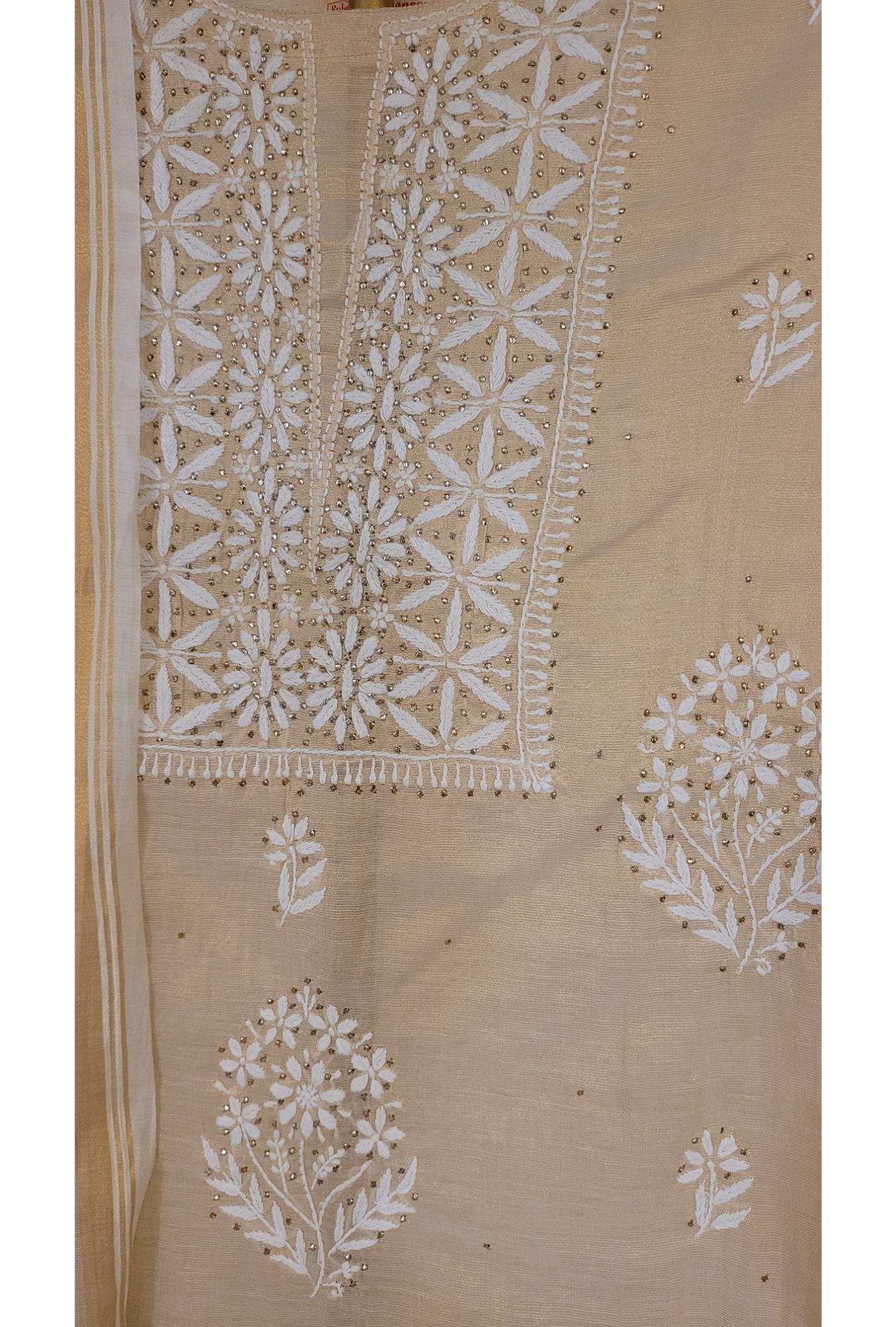 Beige Chanderi Tissue Kurta Dupatta Set