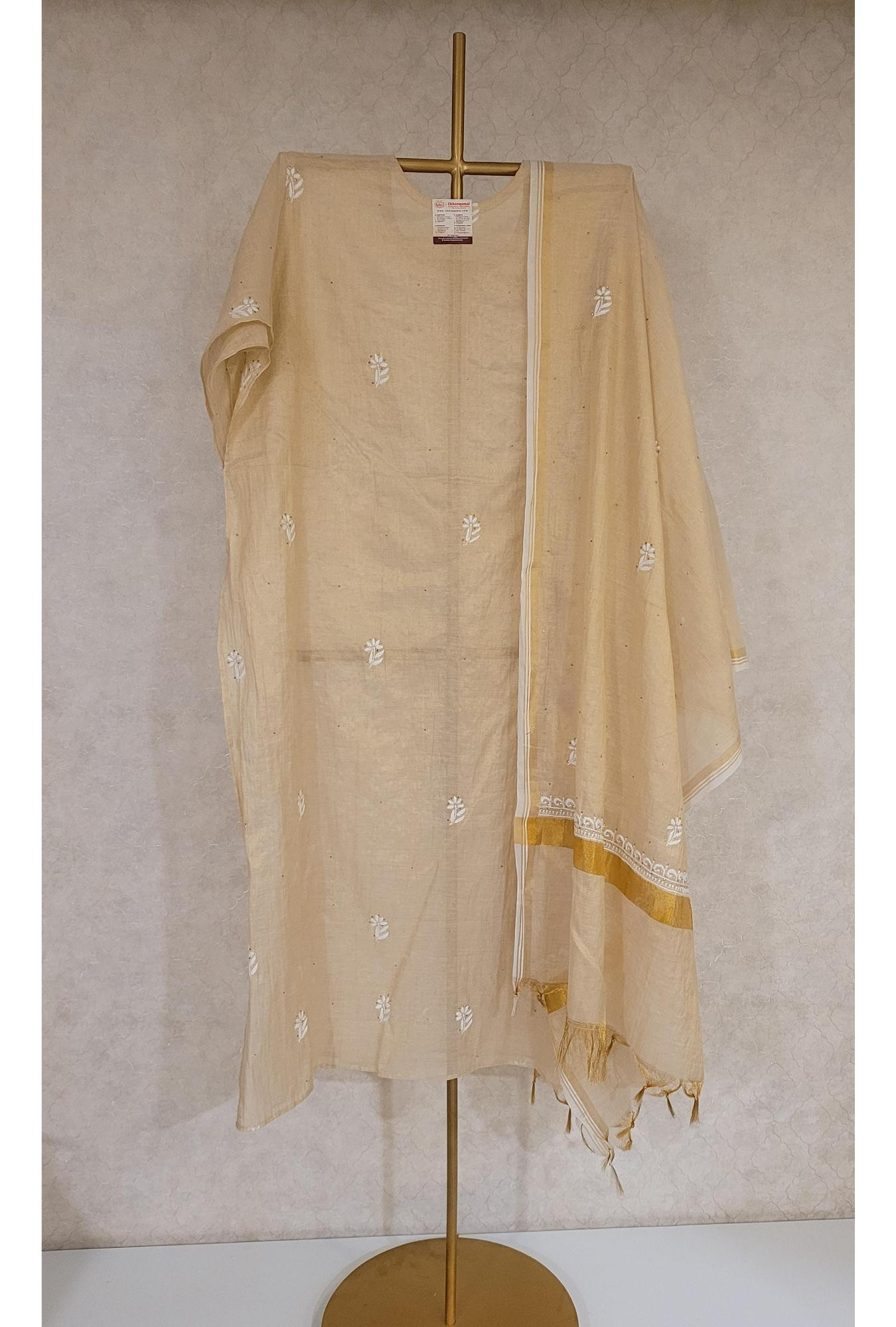 Beige Chanderi Tissue Kurta Dupatta Set
