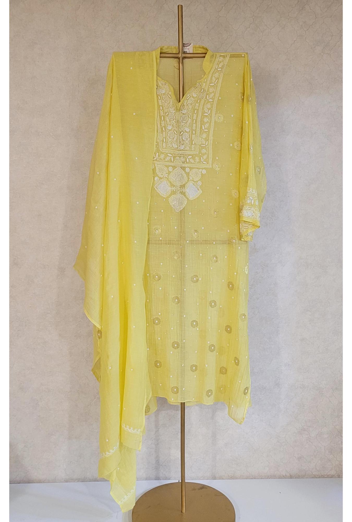 Yellow Mul Chanderi Kurta Dupatta Set