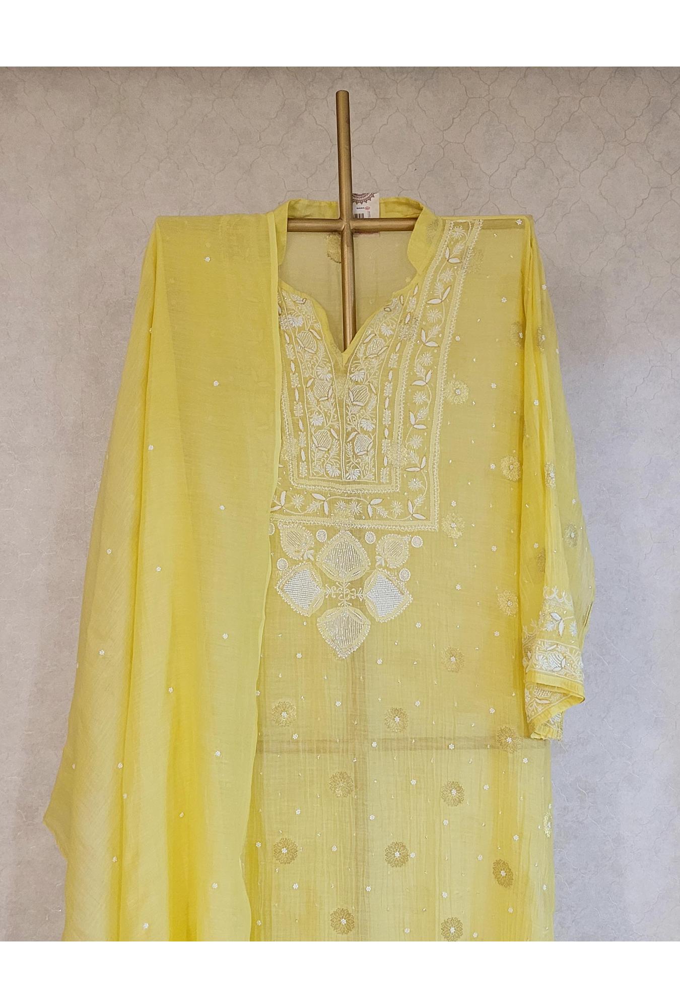 Yellow Mul Chanderi Kurta Dupatta Set