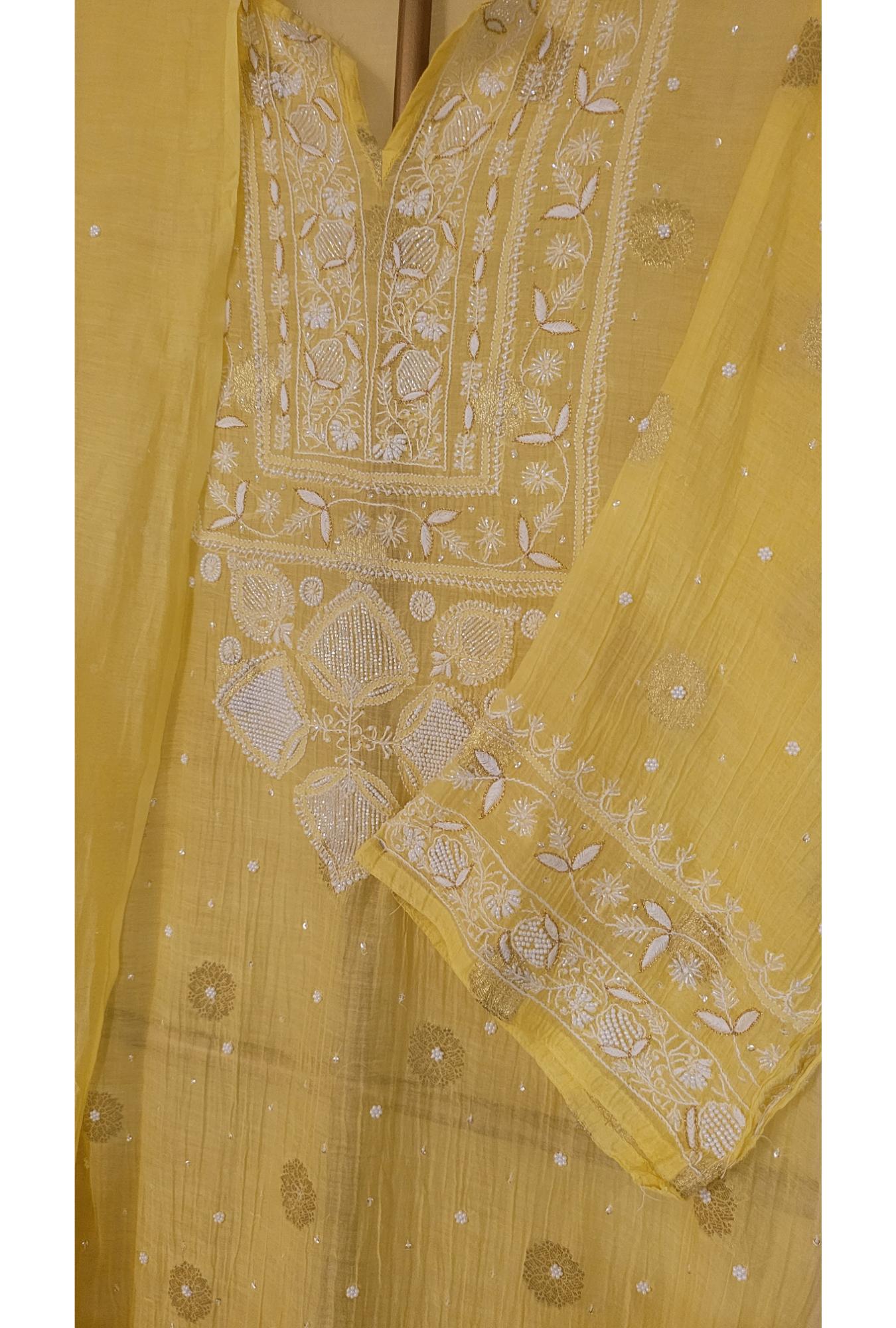 Yellow Mul Chanderi Kurta Dupatta Set