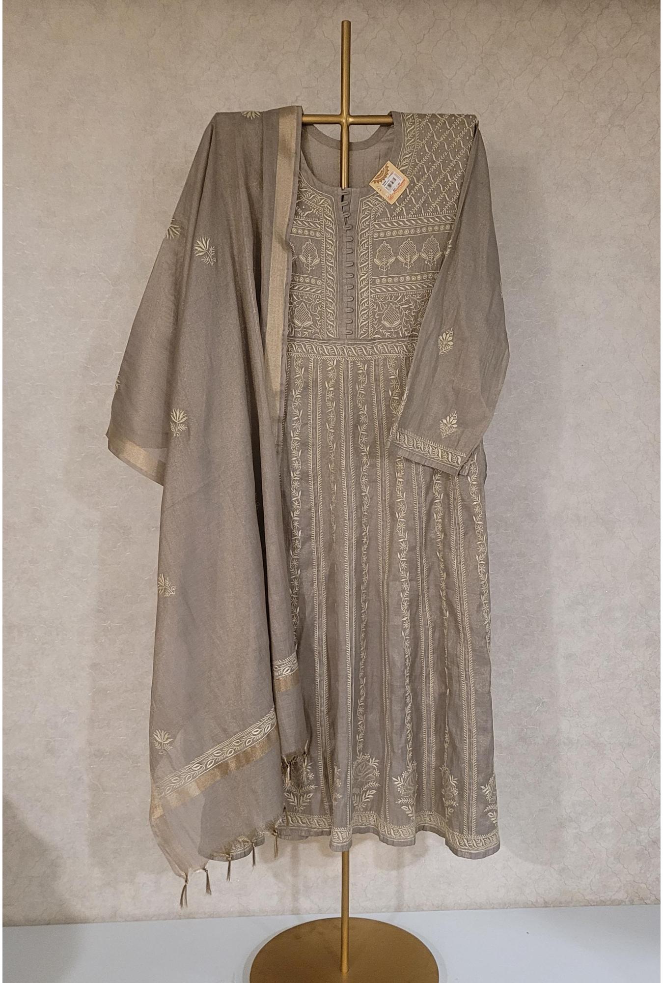 Brownish Grey Colour Tissue Chanderi Kurta Dupatta Set