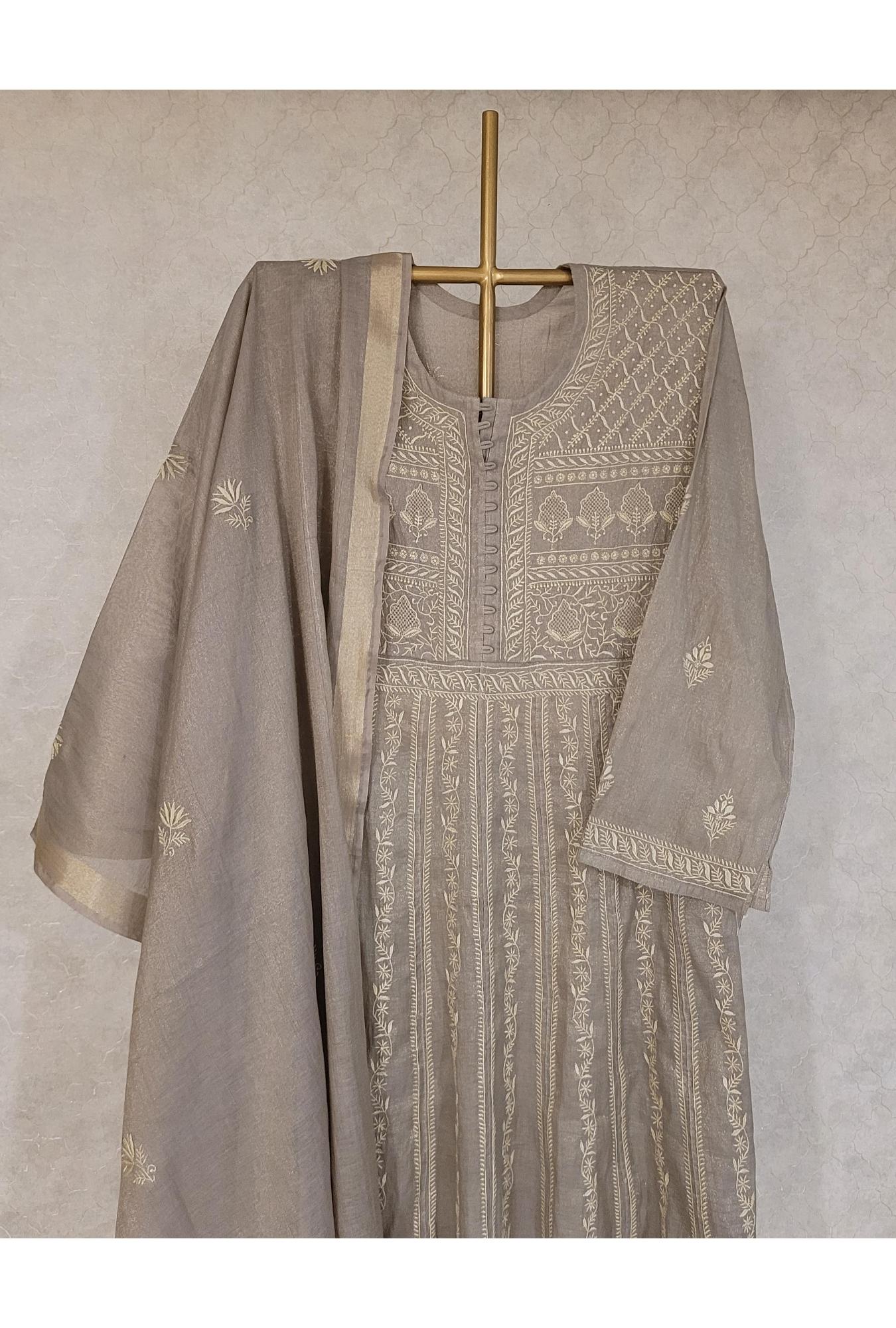 Brownish Grey Colour Tissue Chanderi Kurta Dupatta Set