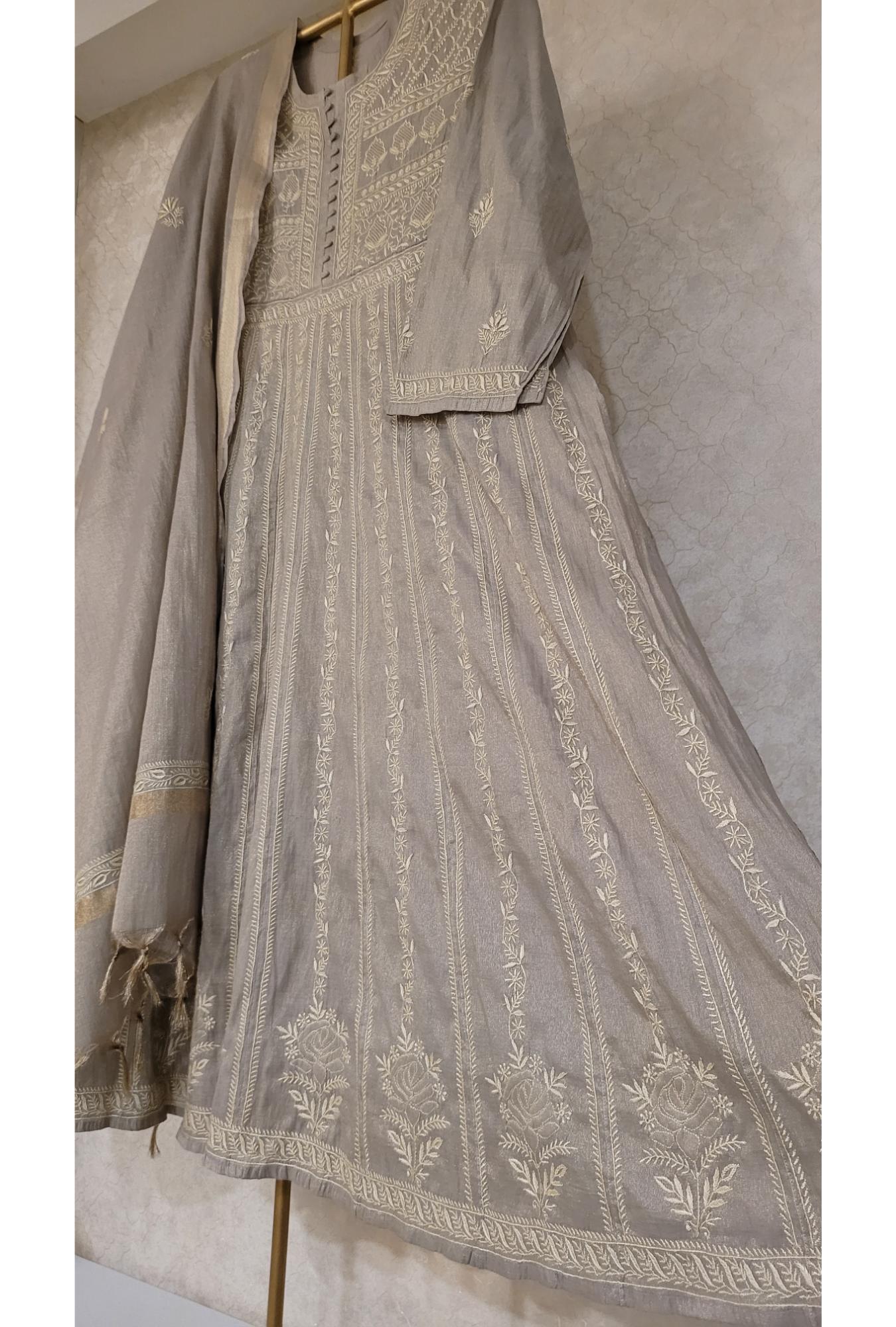 Brownish Grey Colour Tissue Chanderi Kurta Dupatta Set