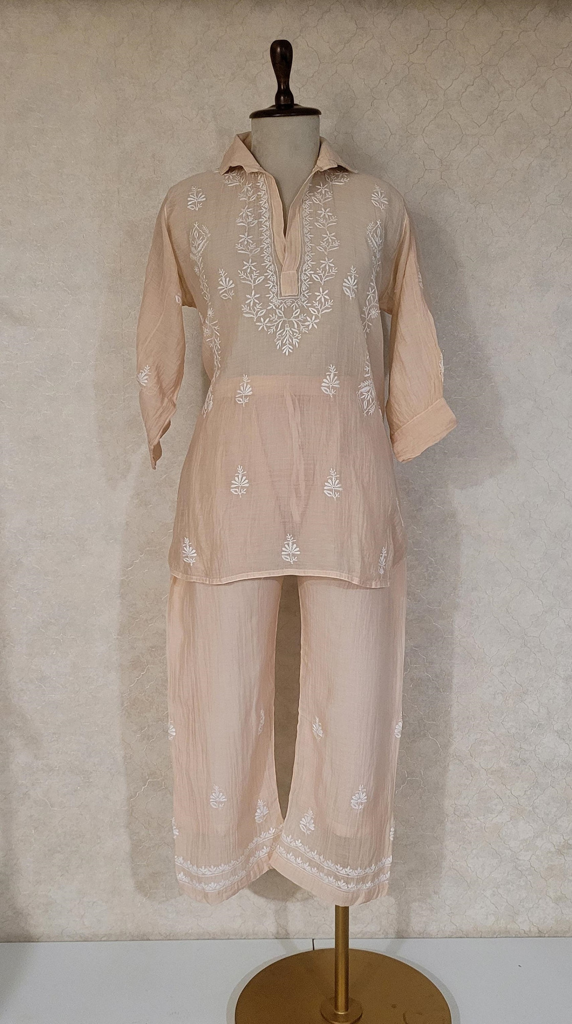 Beige Mul Chanderi Chikankari Cord Set