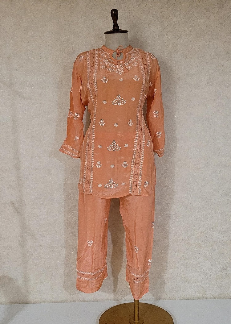 Peach Satin Chikankari Cord Set