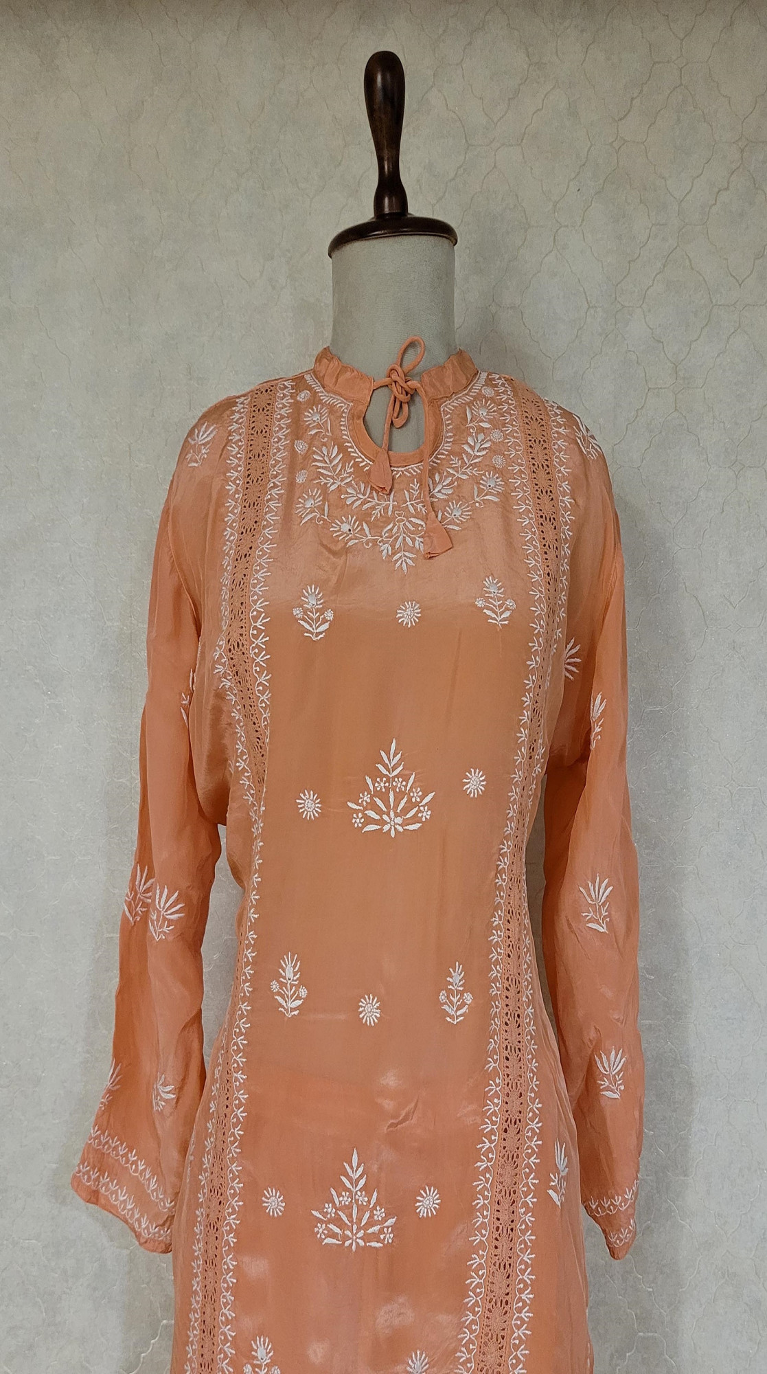 Peach Satin Chikankari Cord Set