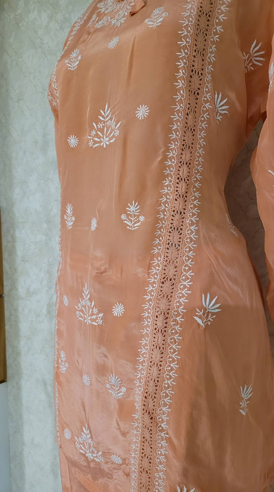 Peach Satin Chikankari Cord Set