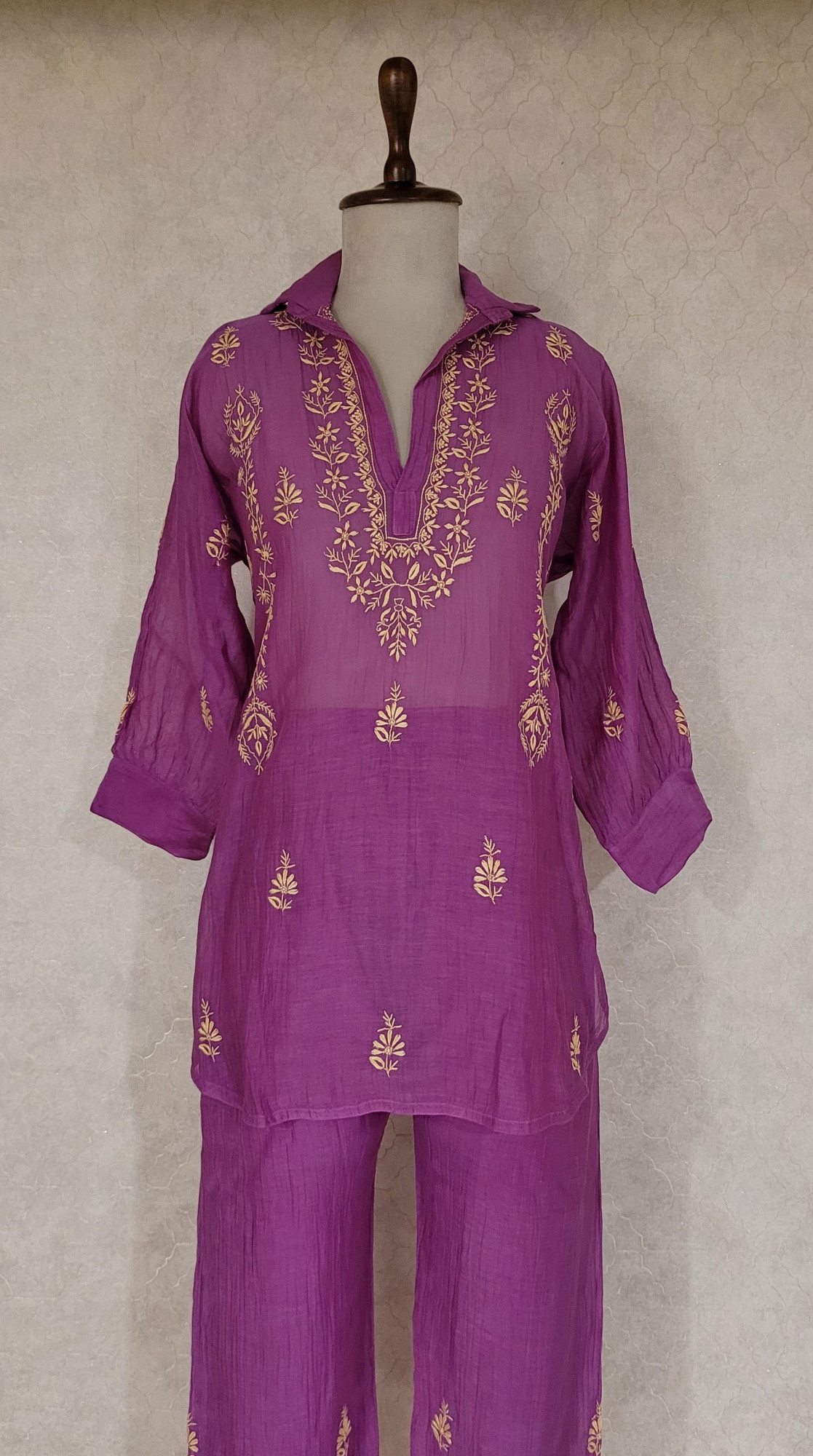 Magenta Mul Chanderi Chikankari Coat set
