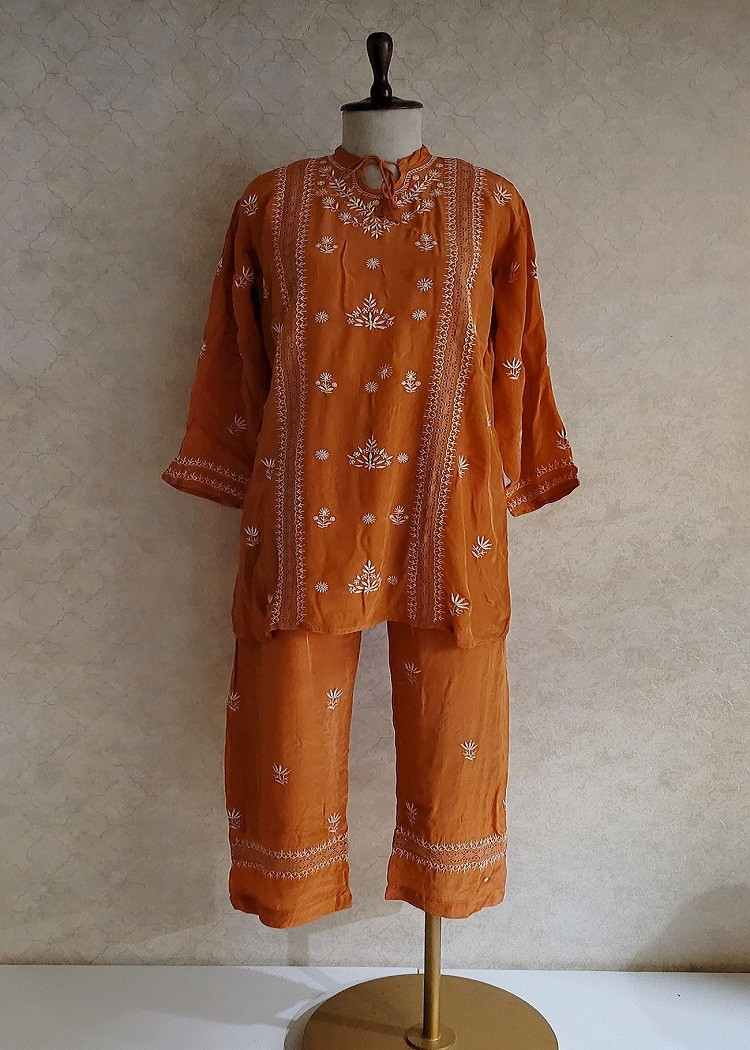 Orange Satin Chikankari Cord Set