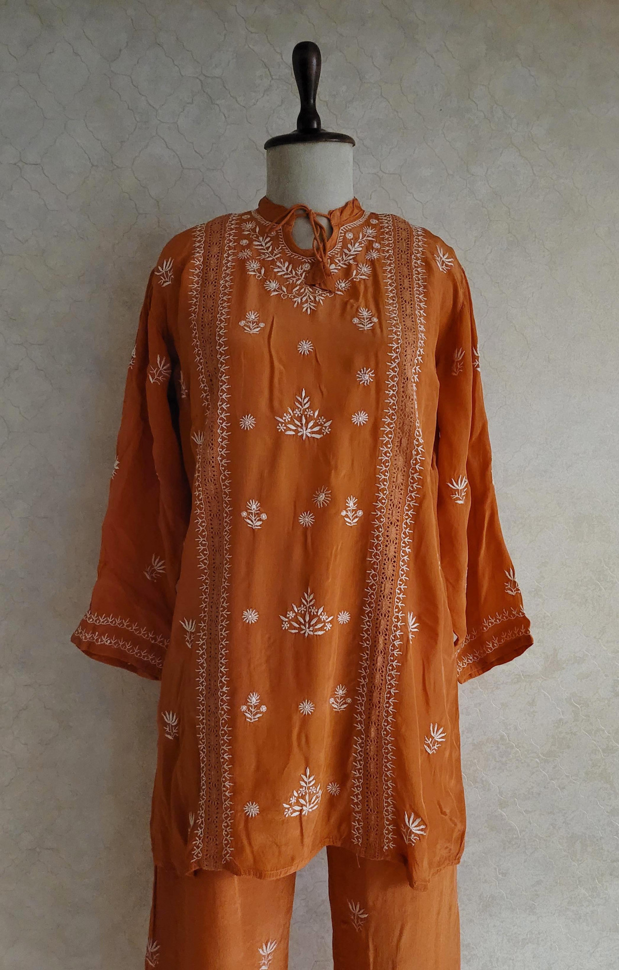 Orange Satin Chikankari Cord Set