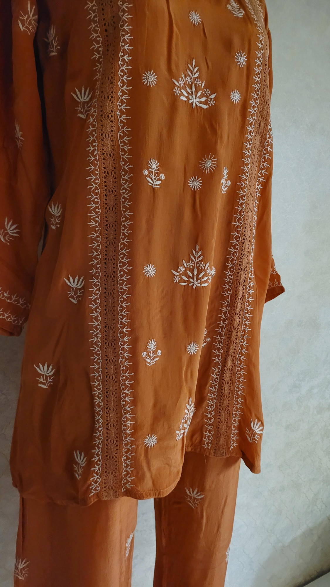 Orange Satin Chikankari Cord Set
