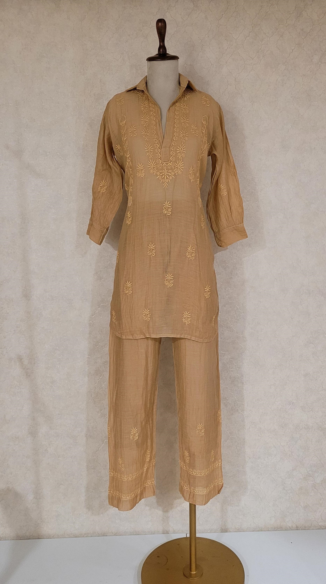 Light Sandy Brown Mul Chanderi Chikankari Cord Set