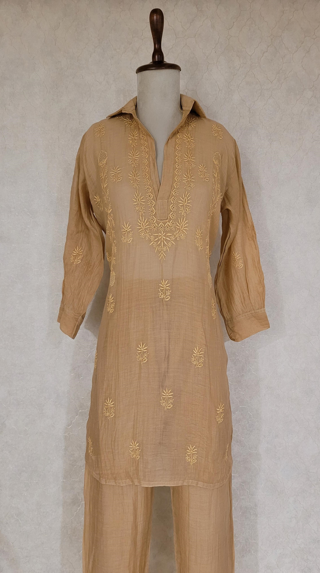 Light Sandy Brown Mul Chanderi Chikankari Cord Set