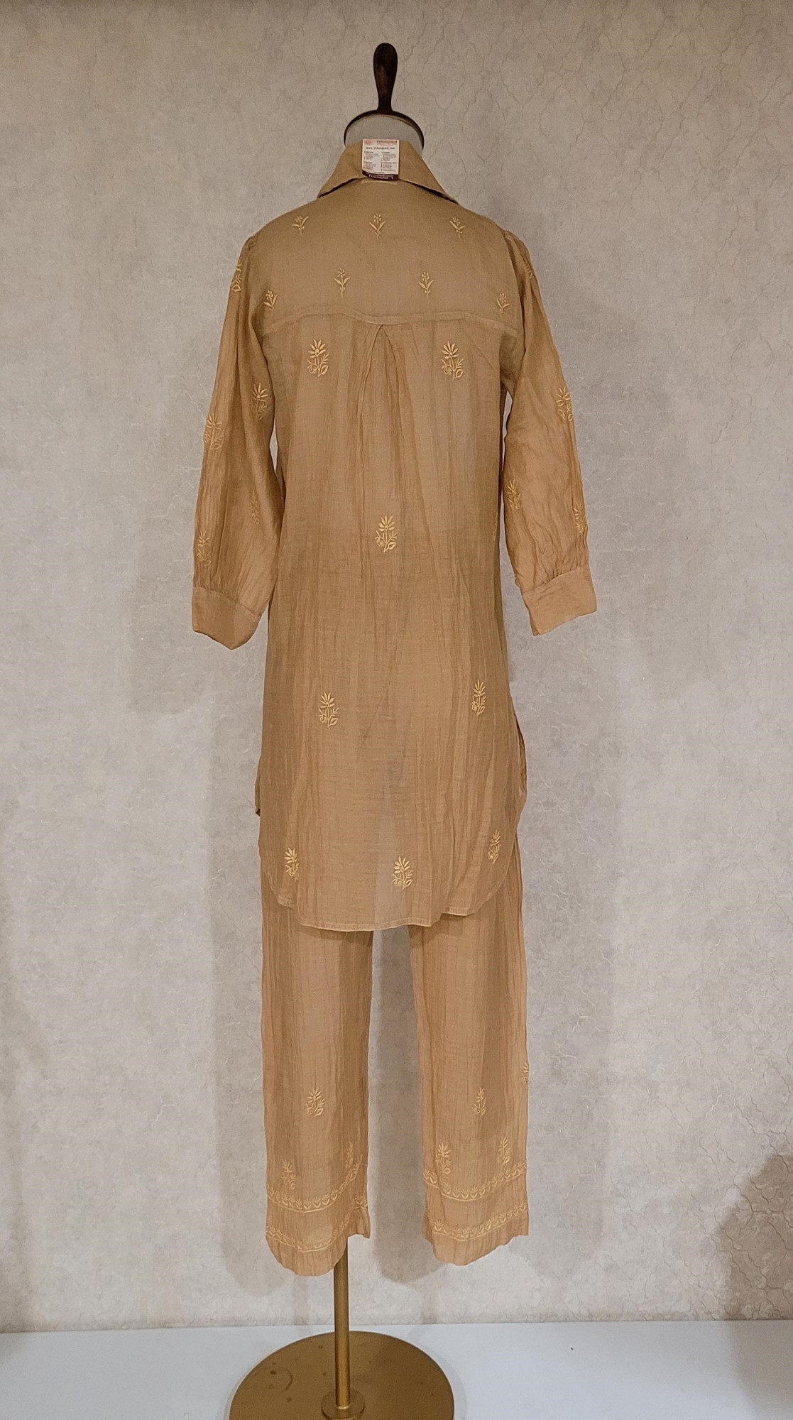 Light Sandy Brown Mul Chanderi Chikankari Cord Set