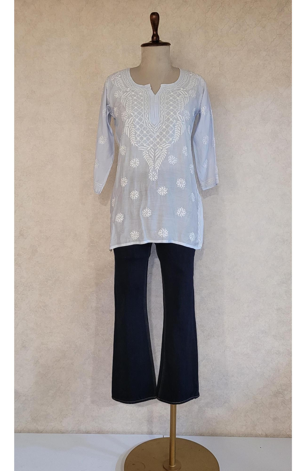 Blue Muslin Chikankari Short Top