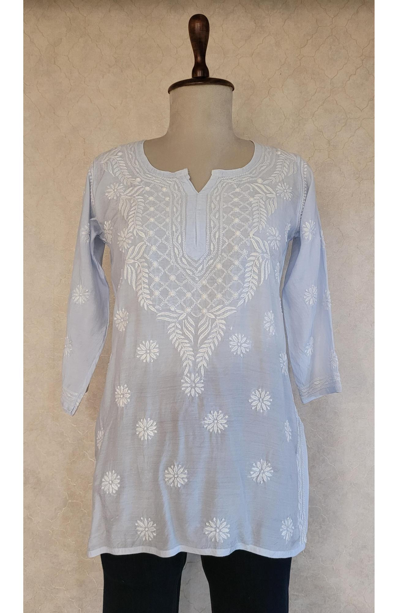 Blue Muslin Chikankari Short Top