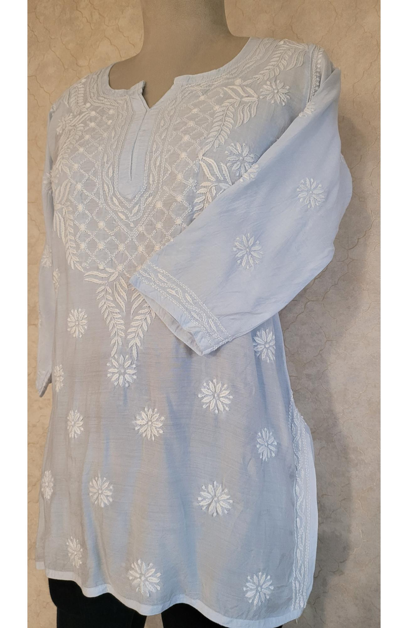 Blue Muslin Chikankari Short Top