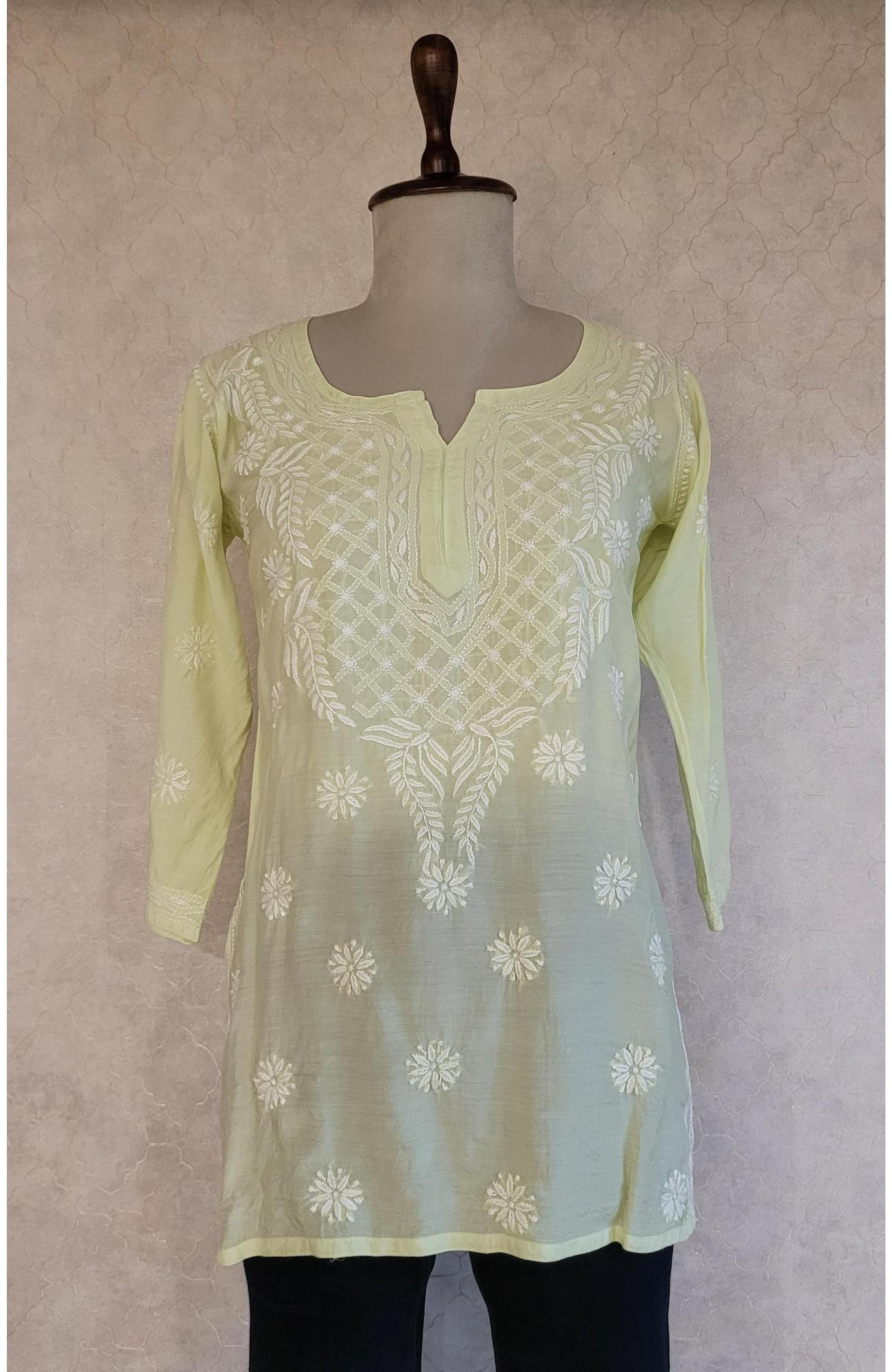 Green Muslin Chikankari Short Top