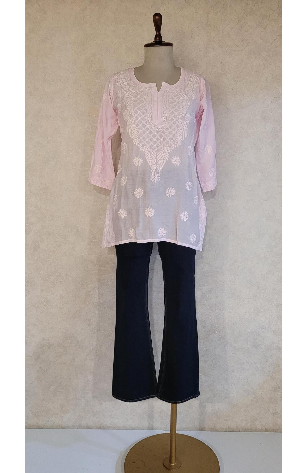 Pink Muslin Chikankari Short Top