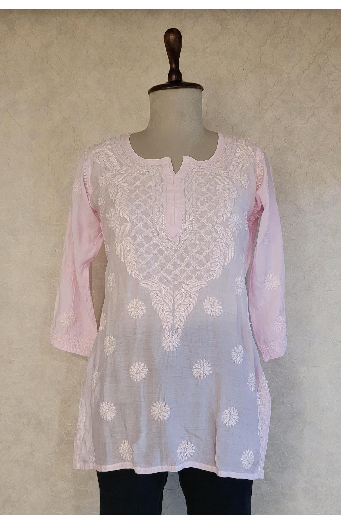 Pink Muslin Chikankari Short Top