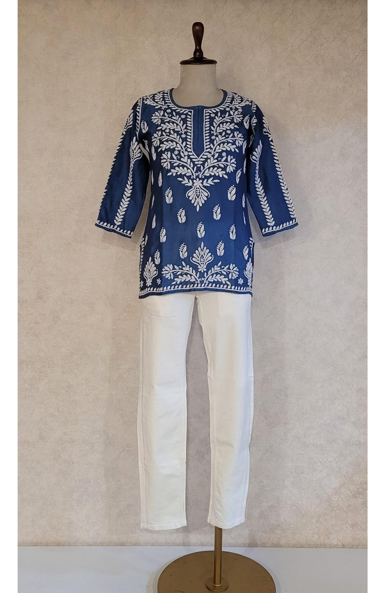 Blue Chanderi Chikankari Short Top