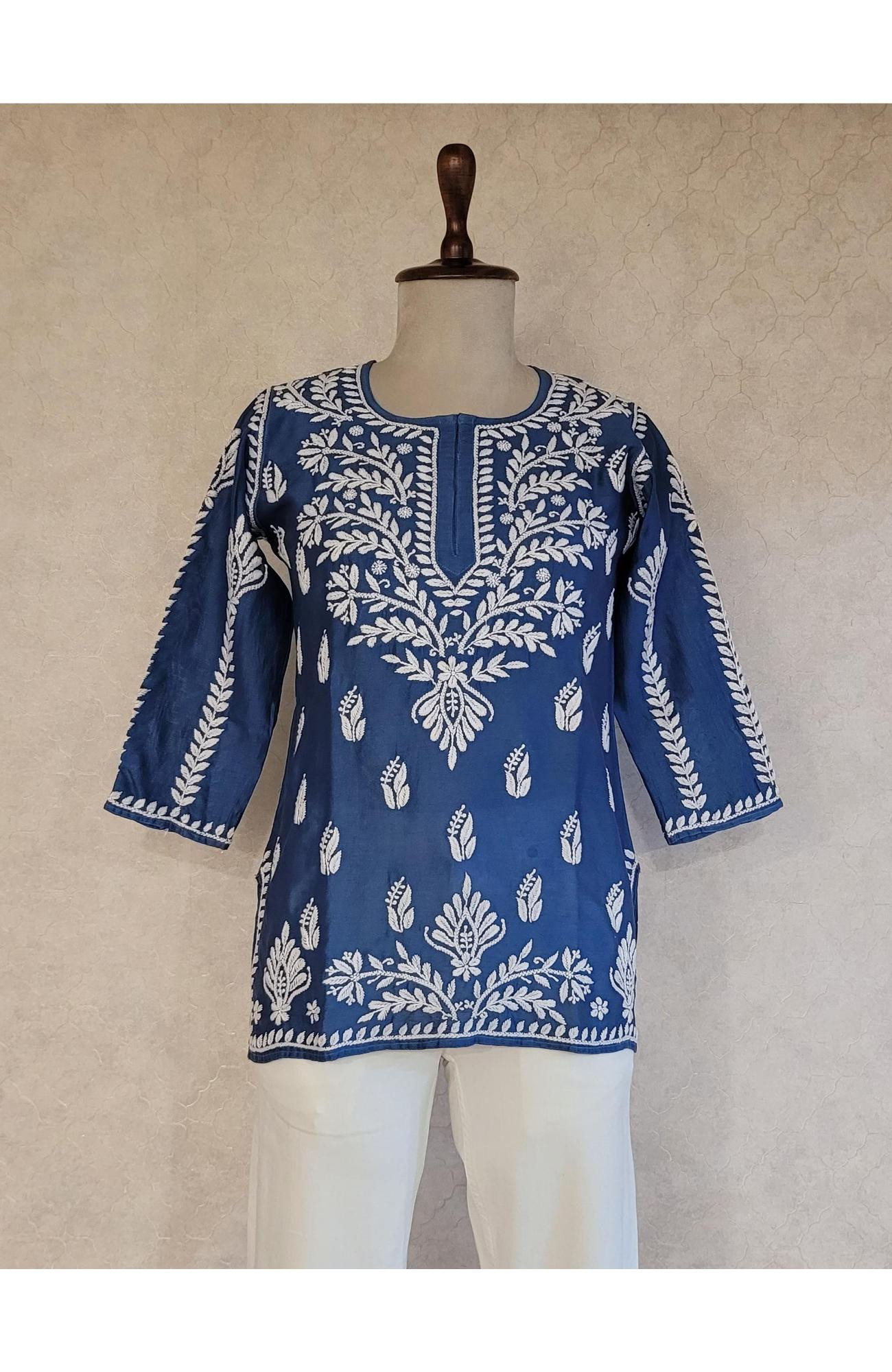 Blue Chanderi Chikankari Short Top
