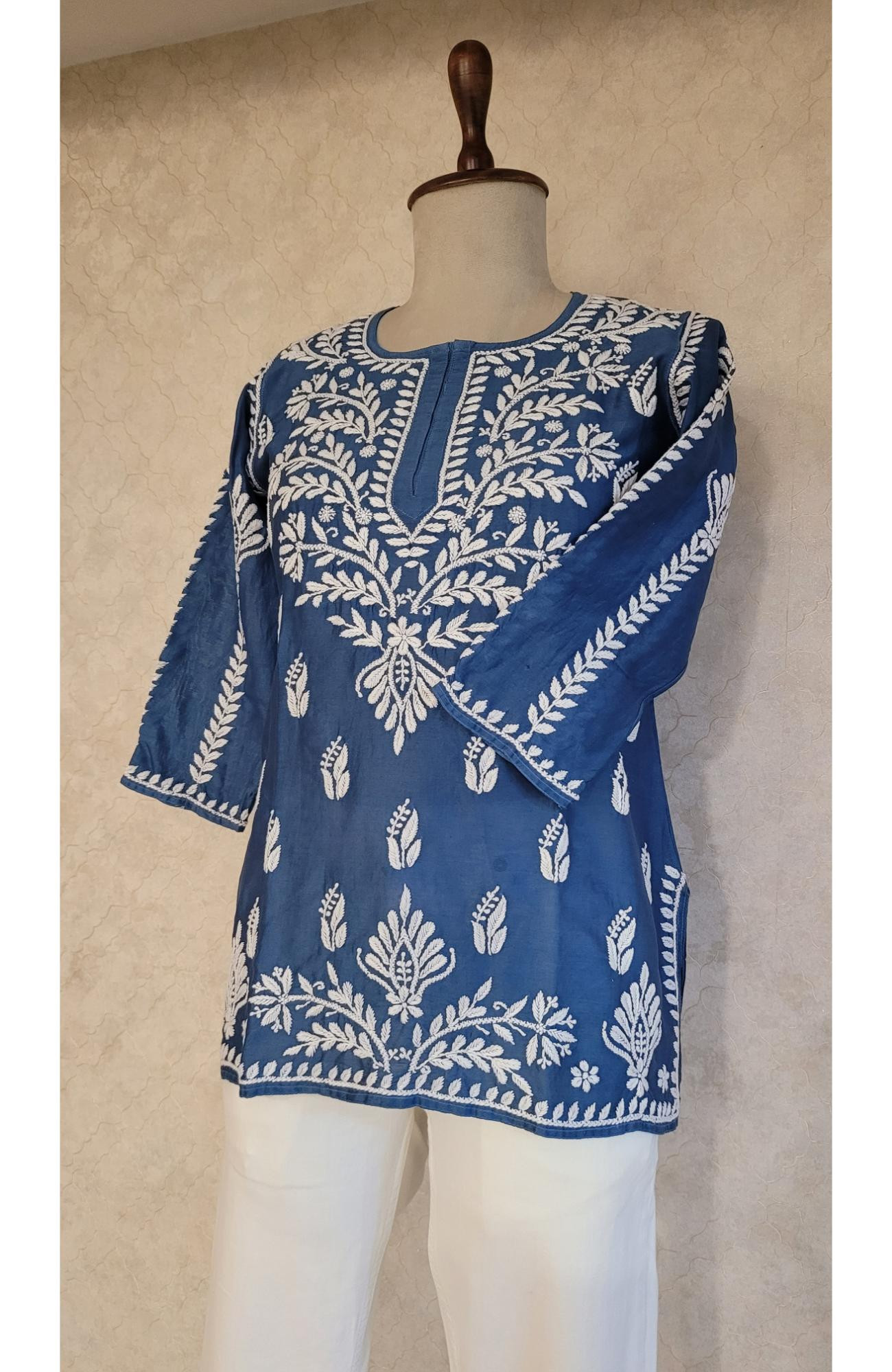 Blue Chanderi Chikankari Short Top