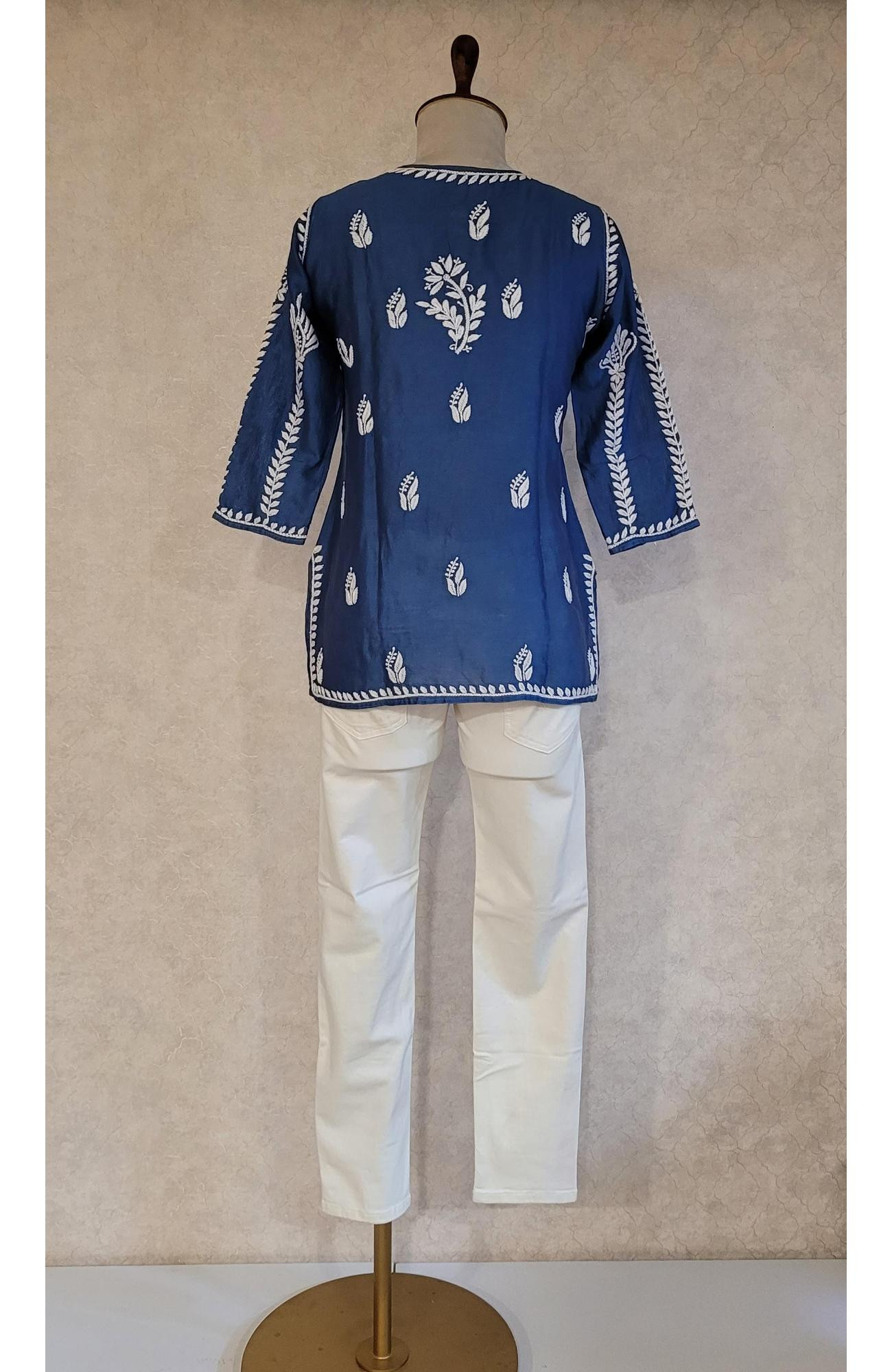 Blue Chanderi Chikankari Short Top