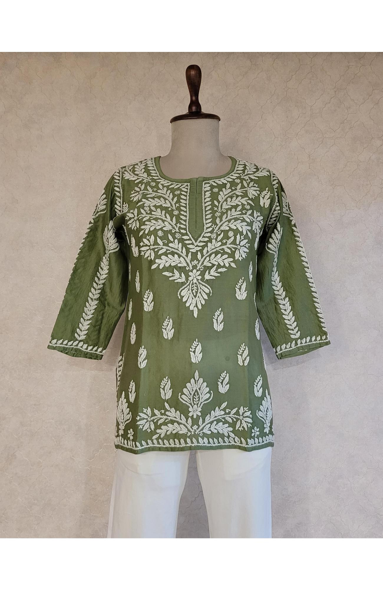 Green Chanderi Chikankari Short Top