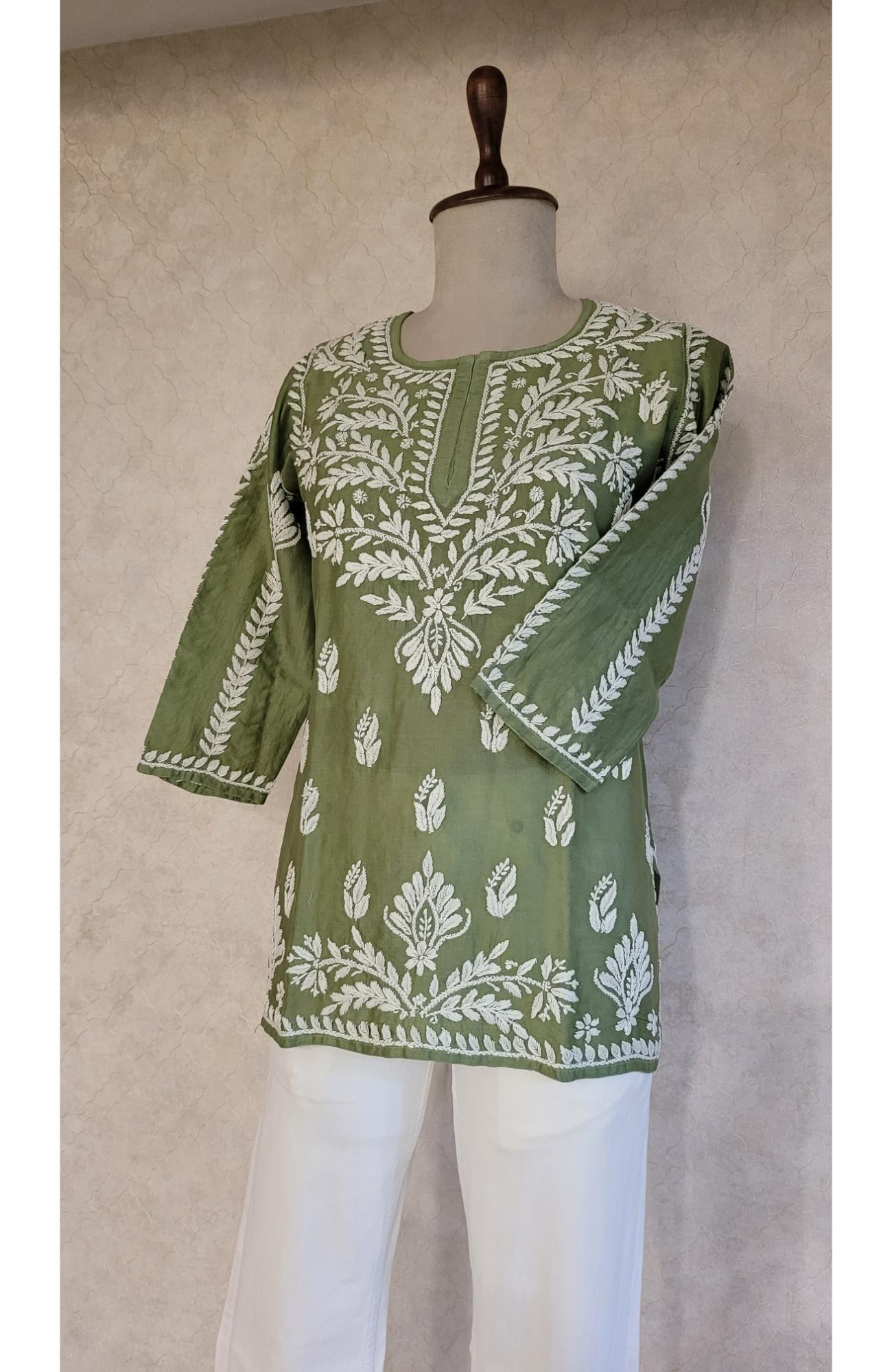 Green Chanderi Chikankari Short Top