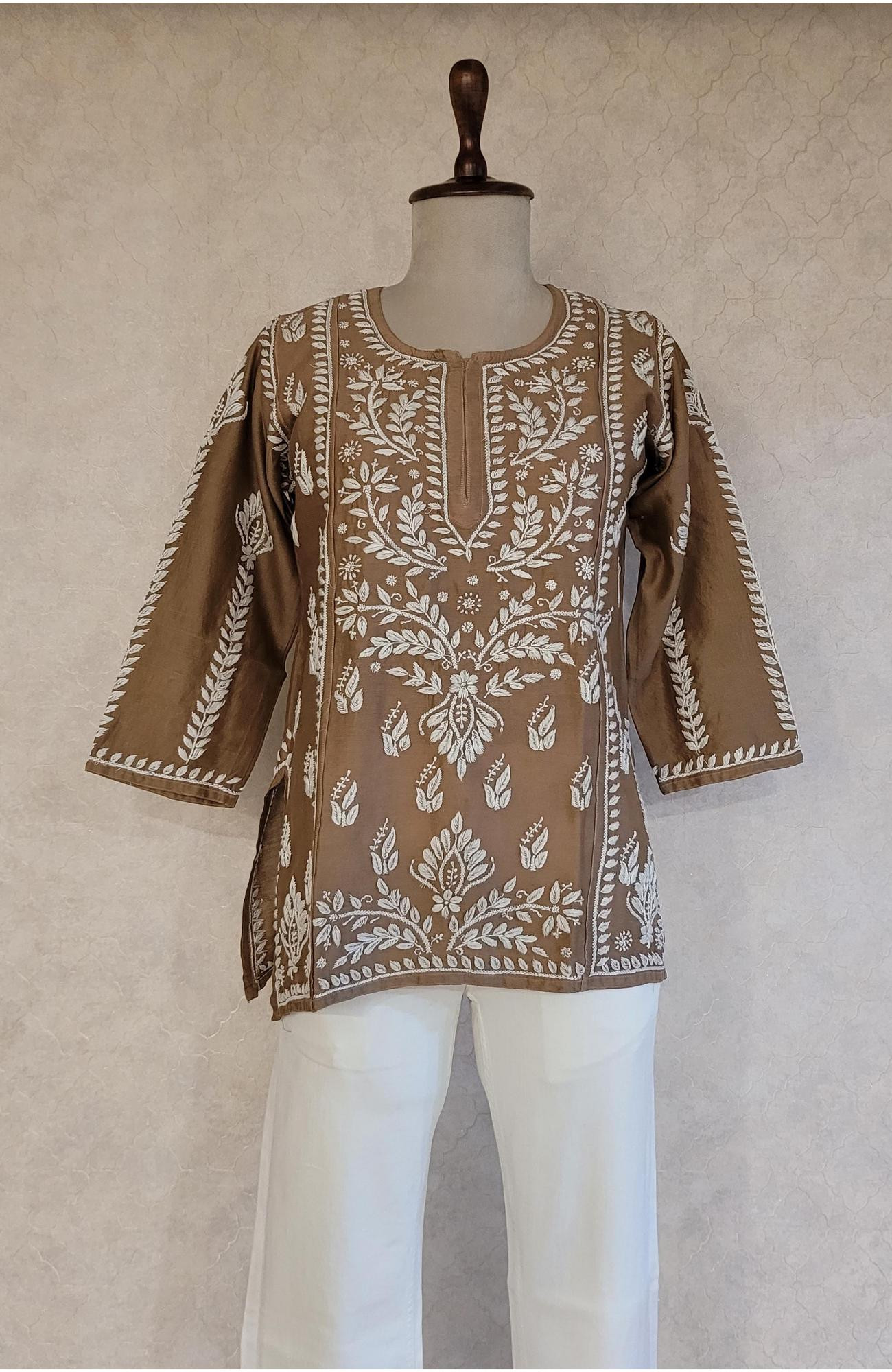 Brown Chanderi Chikankari Short Top