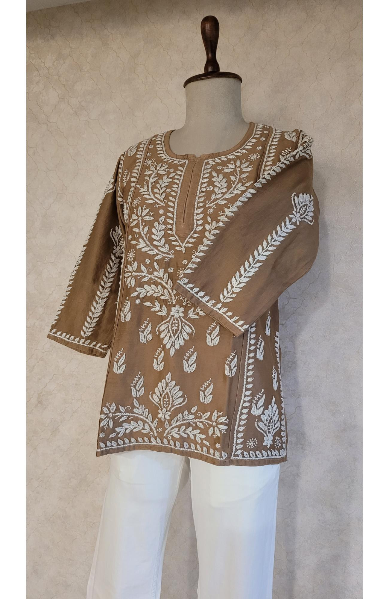 Brown Chanderi Chikankari Short Top