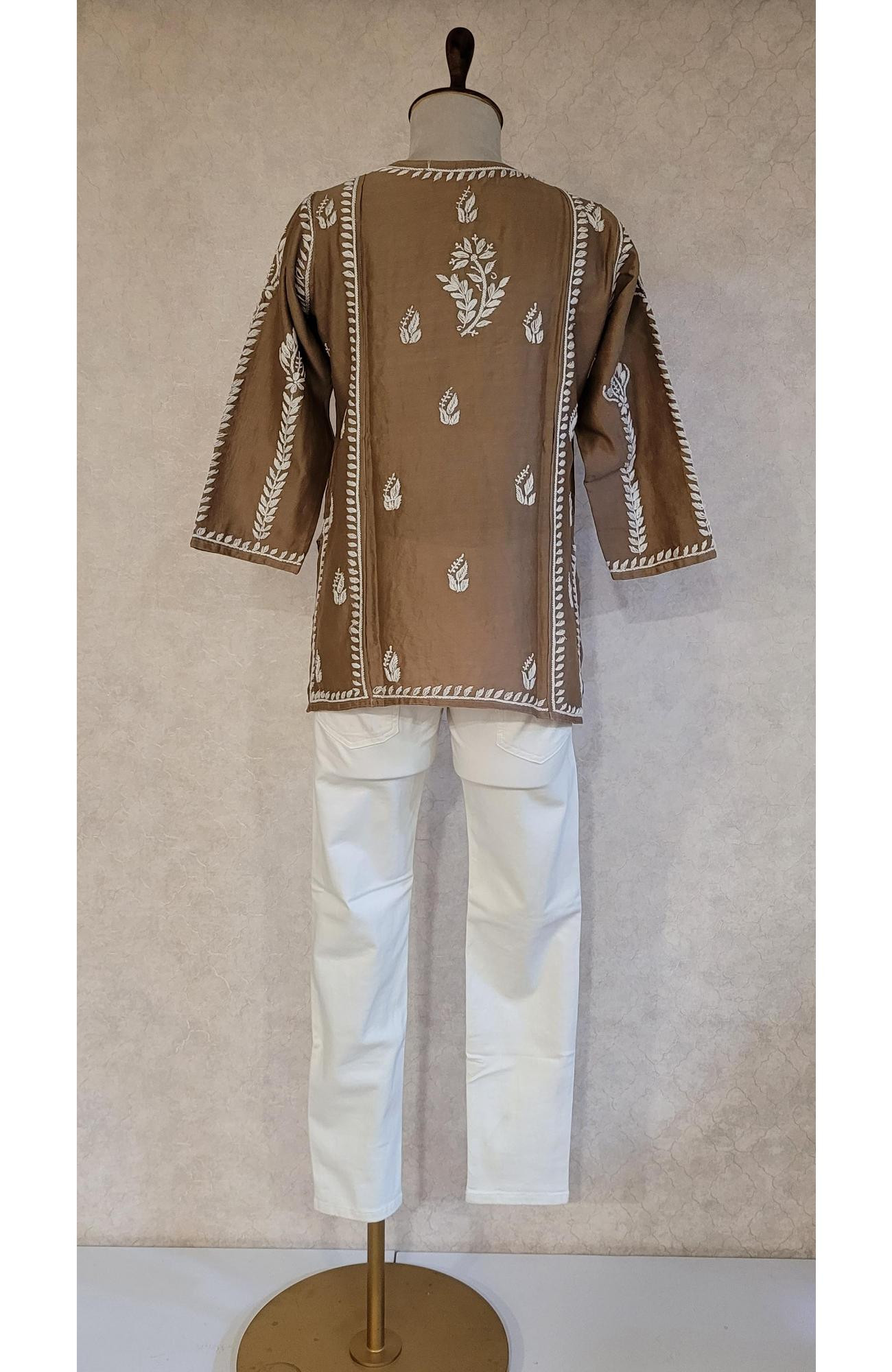 Brown Chanderi Chikankari Short Top