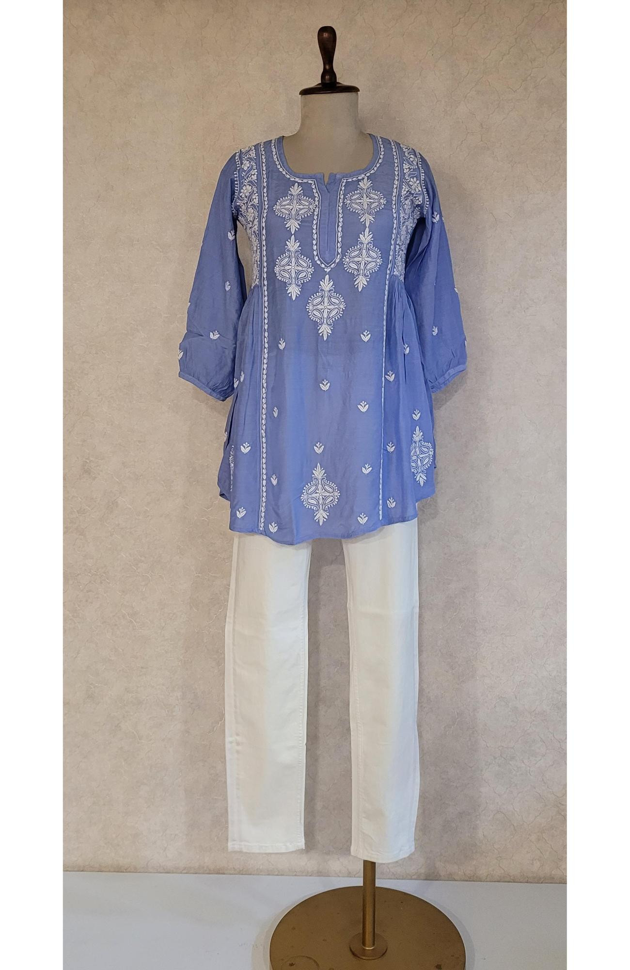 Blue Muslin Chikankari Short Top