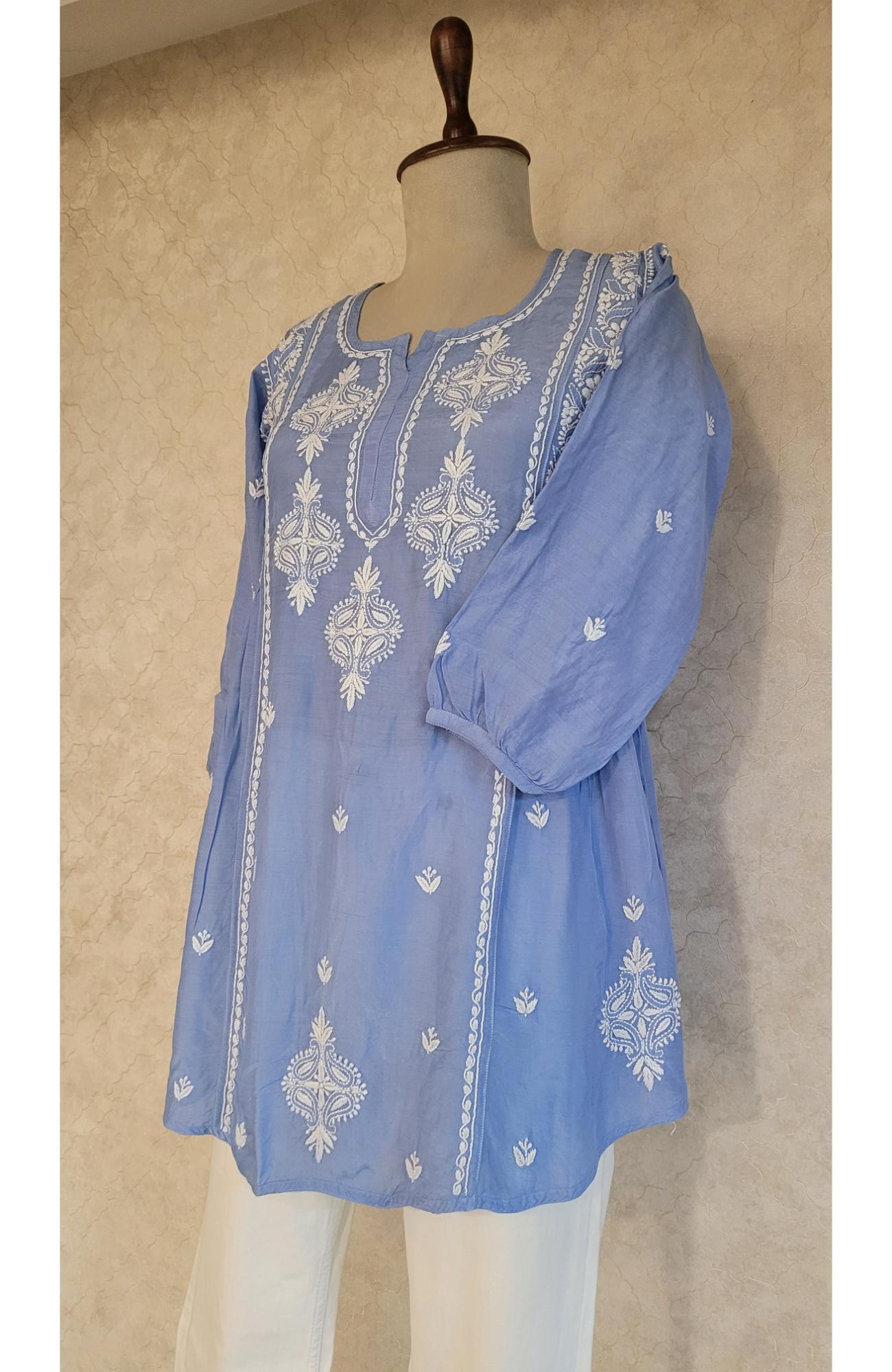 Blue Muslin Chikankari Short Top