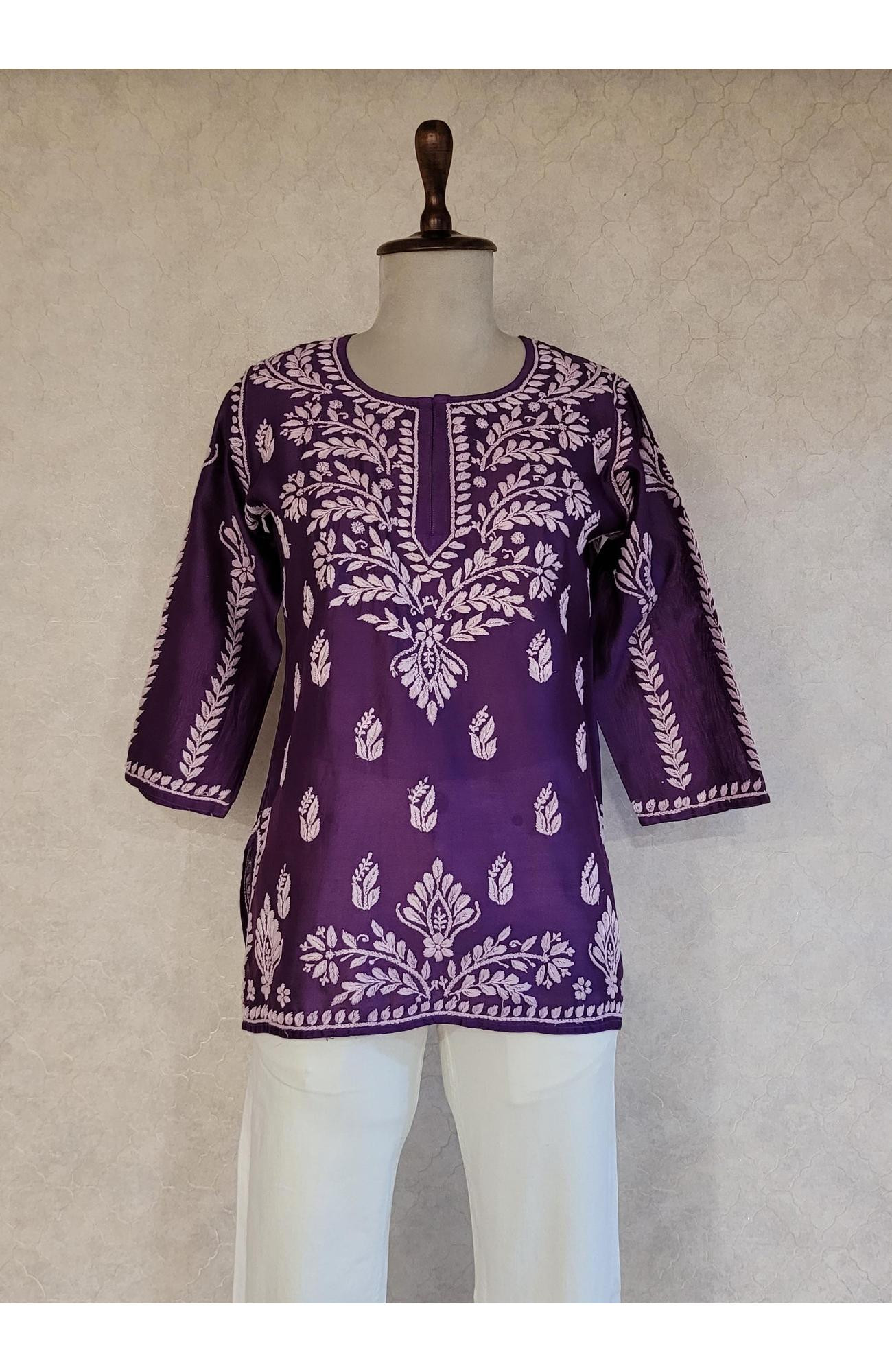 Purple Chanderi Chikankari Short Top