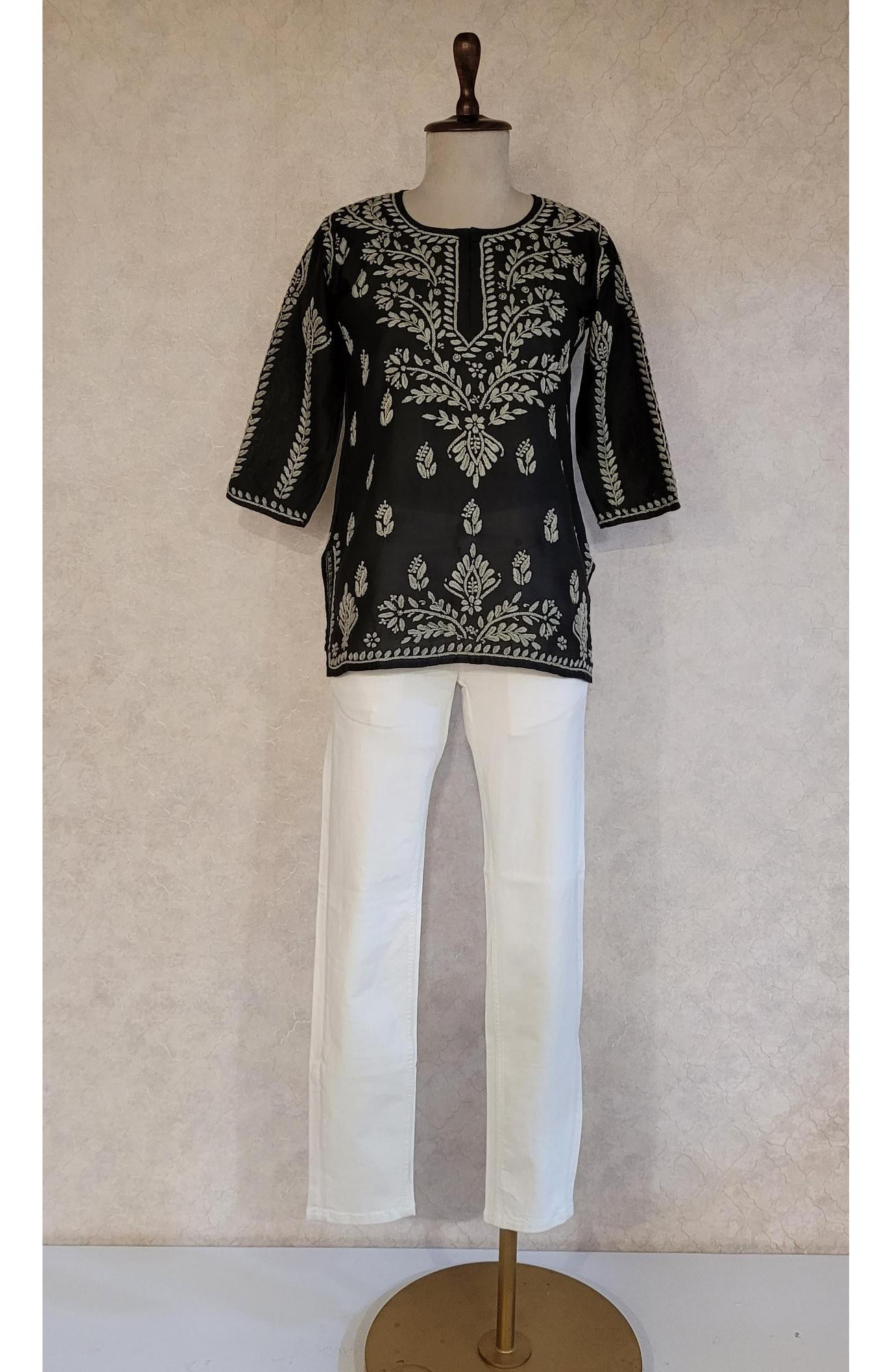 Black Chanderi Chikankari Short Top