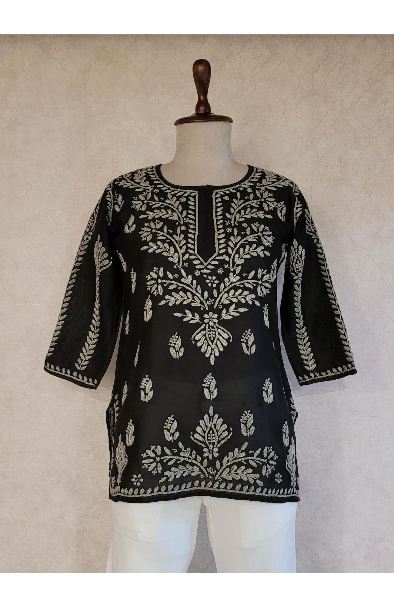 Black Chanderi Chikankari Short Top