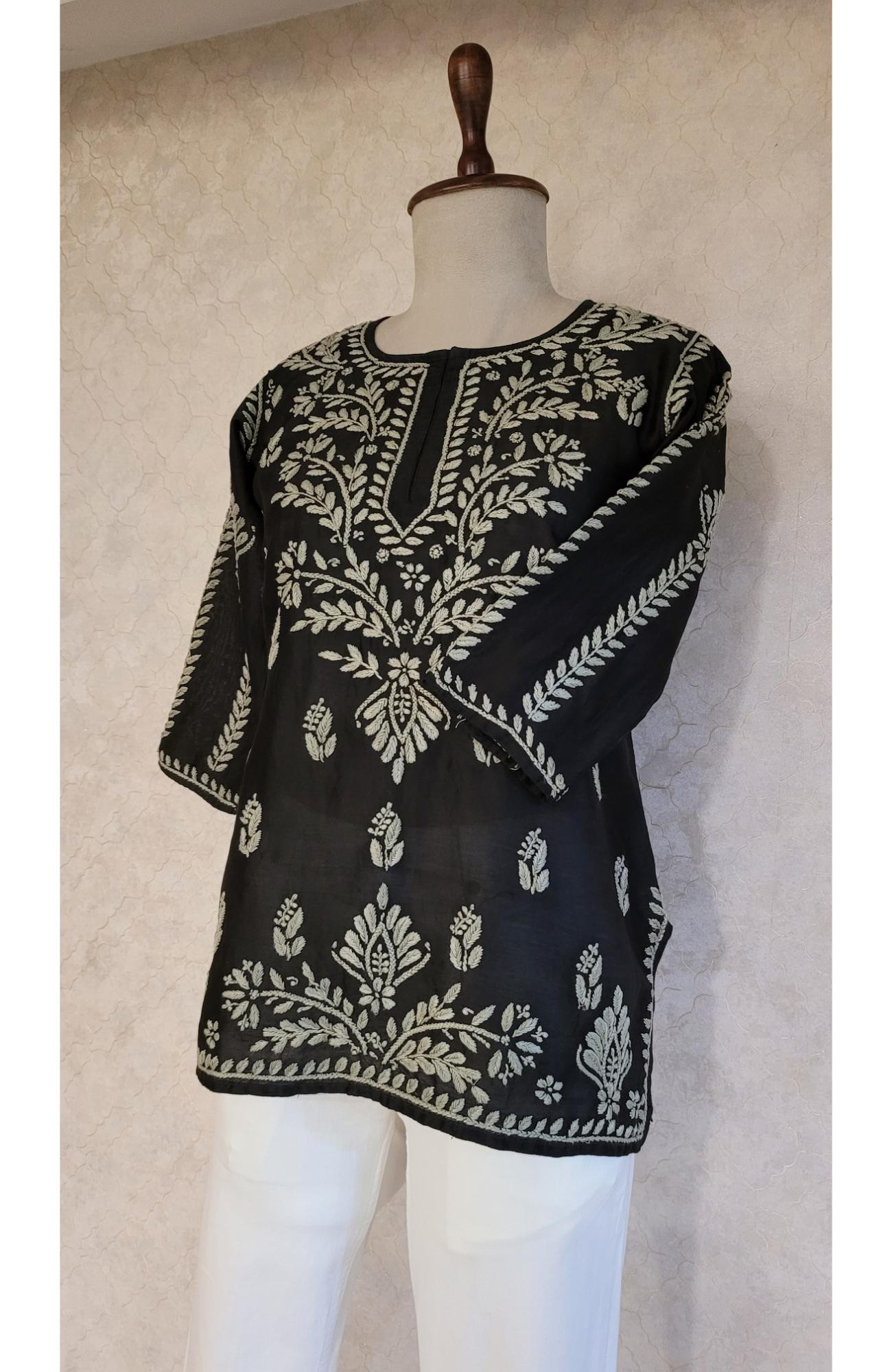 Black Chanderi Chikankari Short Top