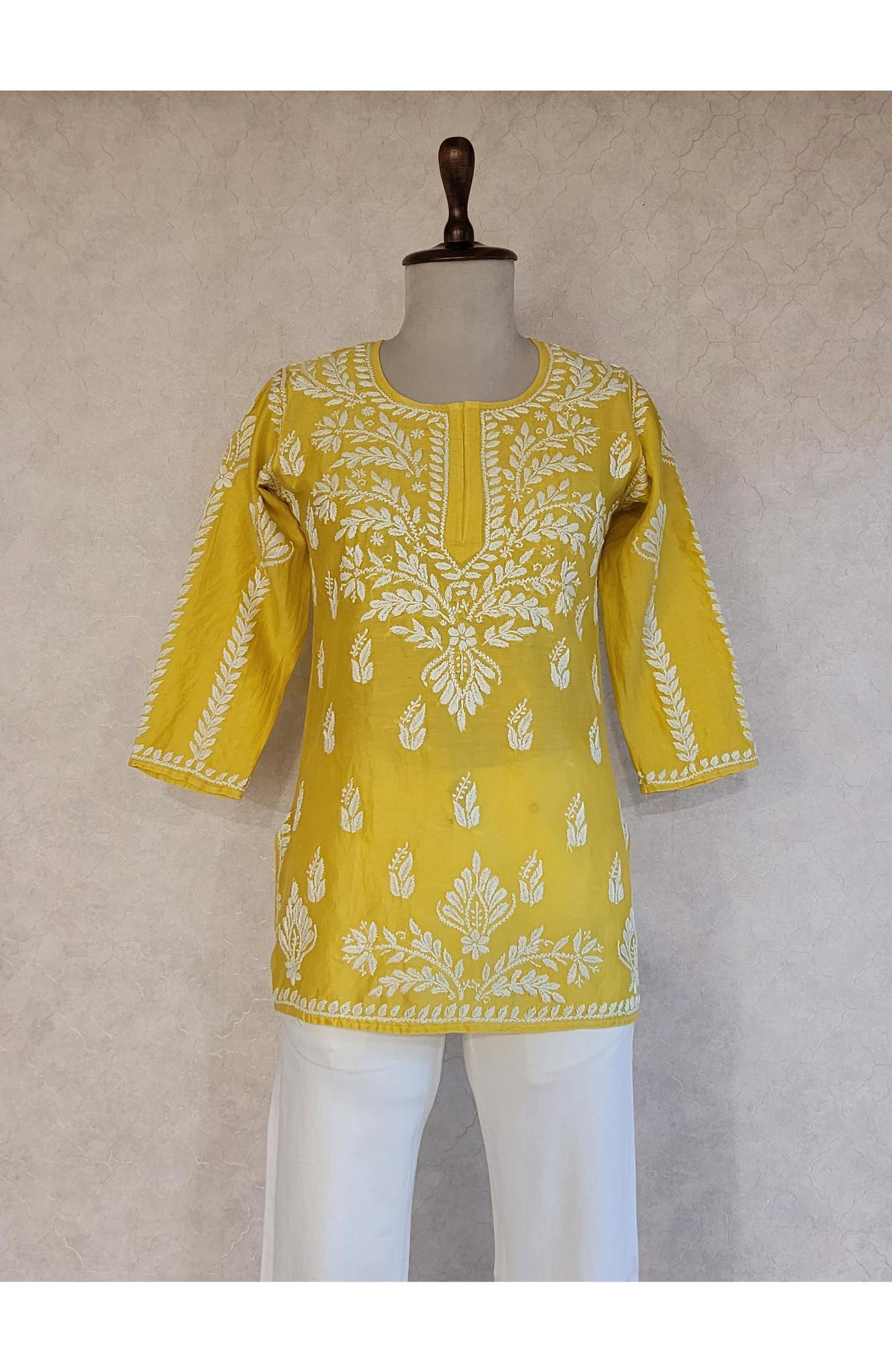 Yellow Chanderi Chikankari Short Top