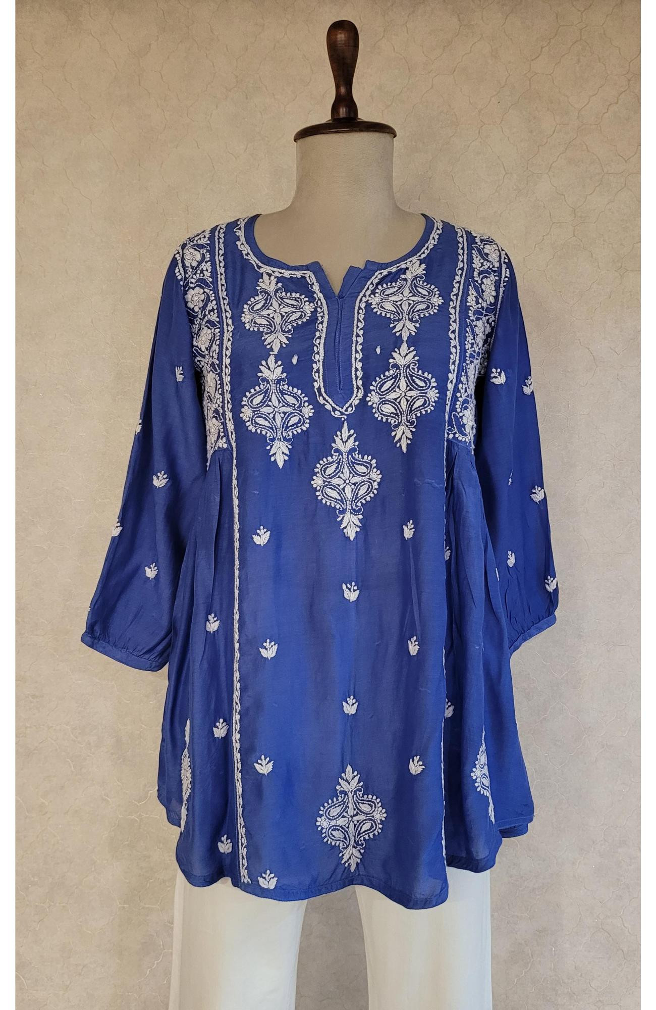 Royal Blue Muslin Chikankari Short Top