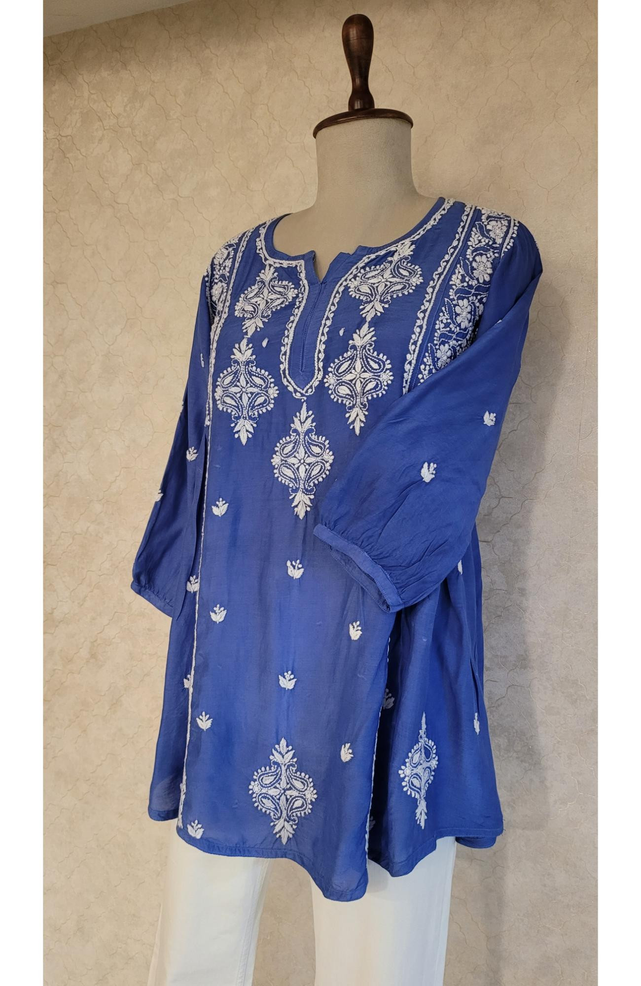 Royal Blue Muslin Chikankari Short Top