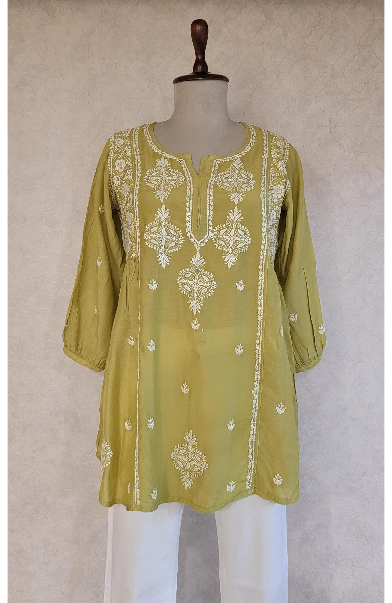 Green Muslin Chikankari Short Top